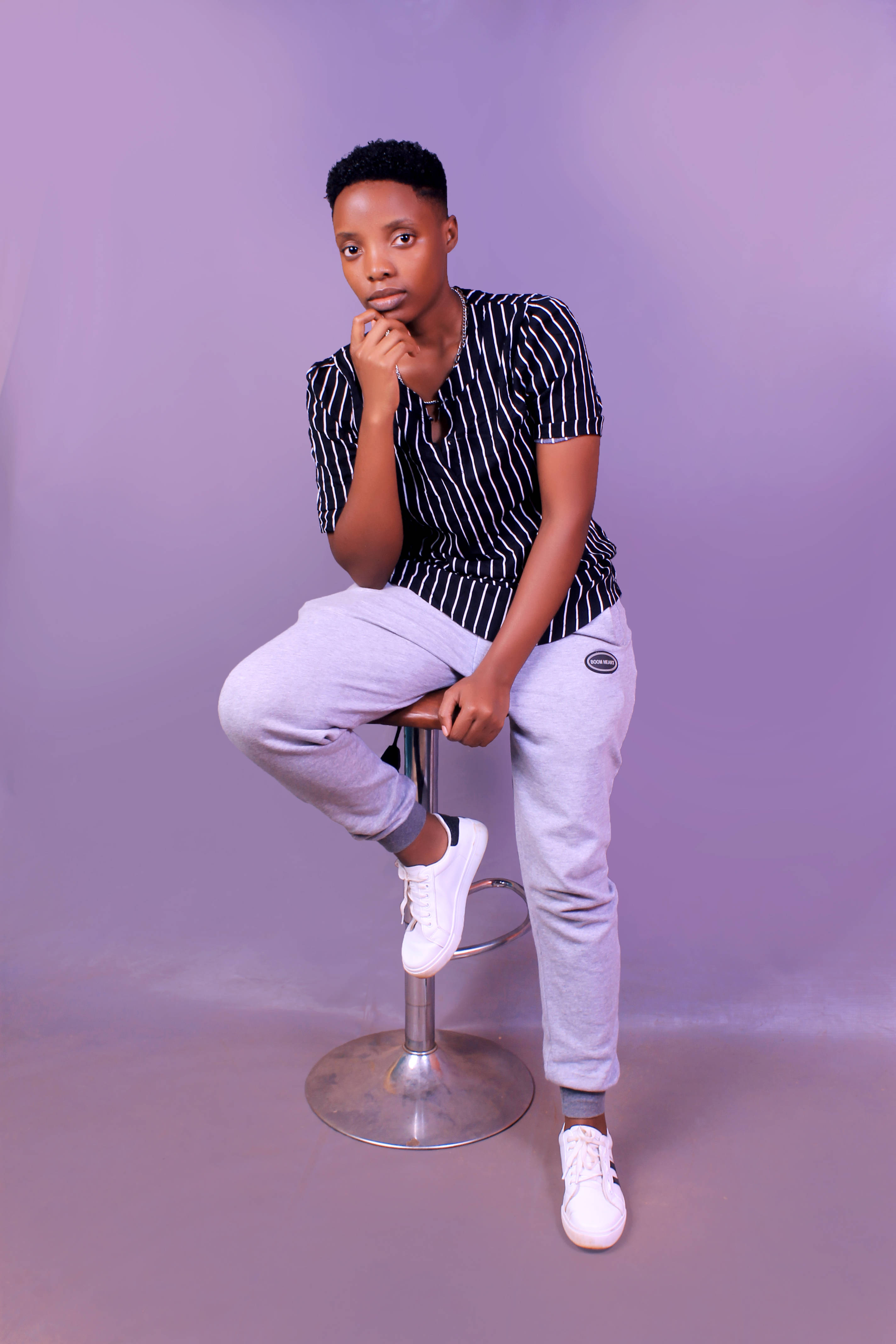 Tomboy Bar Stool, short hair, striped shirt, 4K Phone Wallpaper