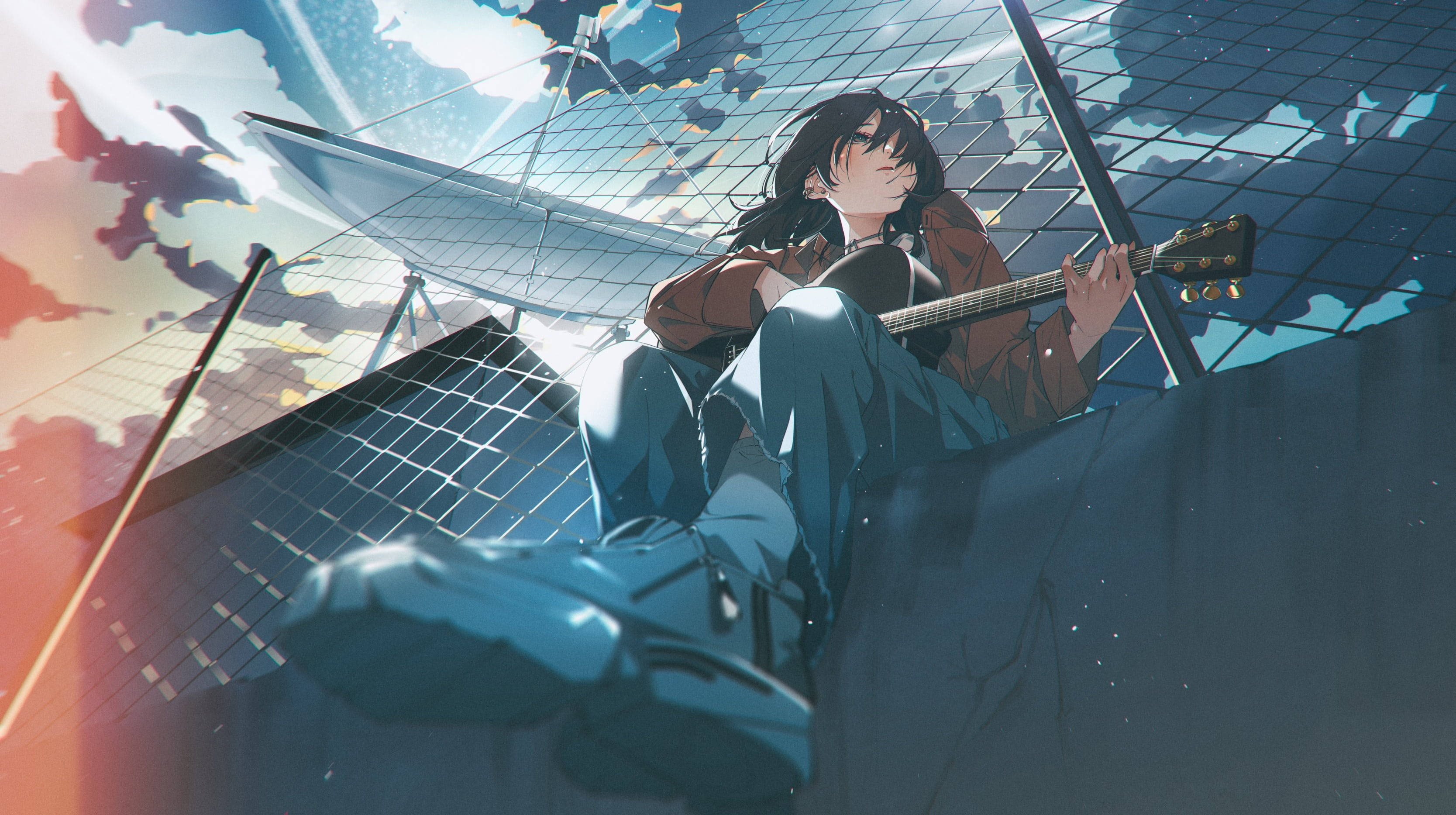 anime girl, dark hair, solar panel array, 2K Desktop Wallpaper