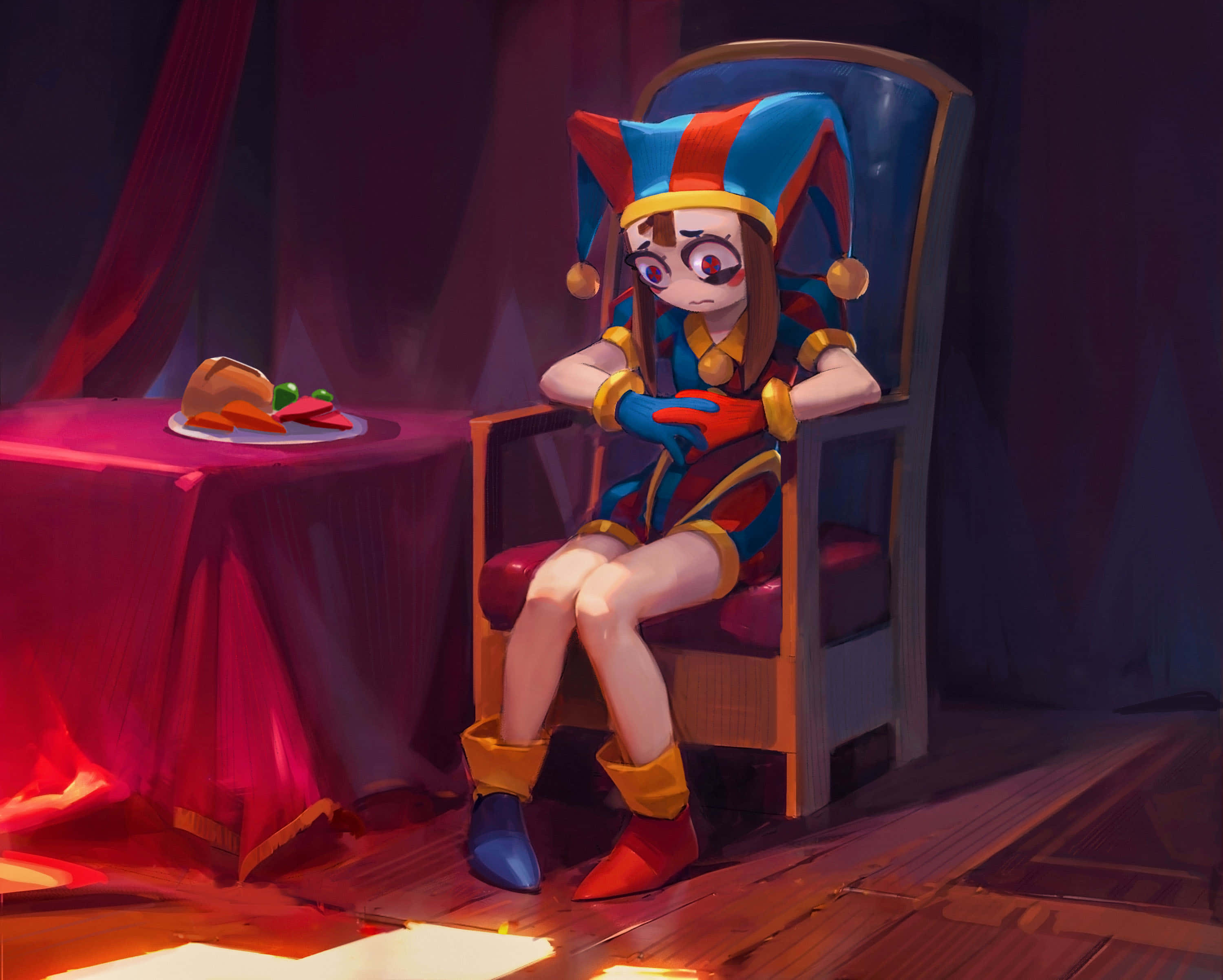 Contemplative Jesterin Throne Room, red blue and gold, throne, 2K Desktop Wallpaper