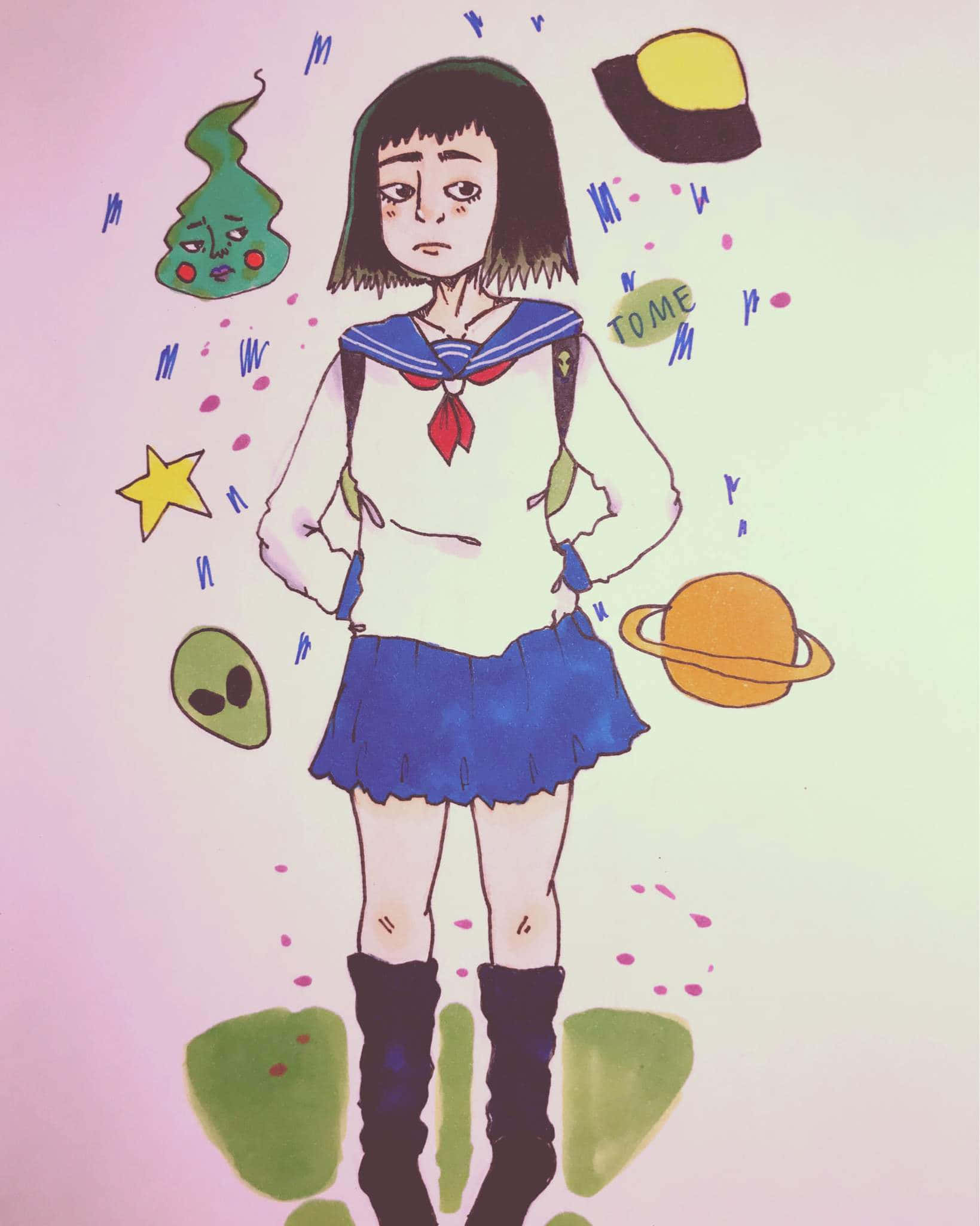 Tome Kurata, sailor uniform, floating alien planets, Full HD Phone Wallpaper