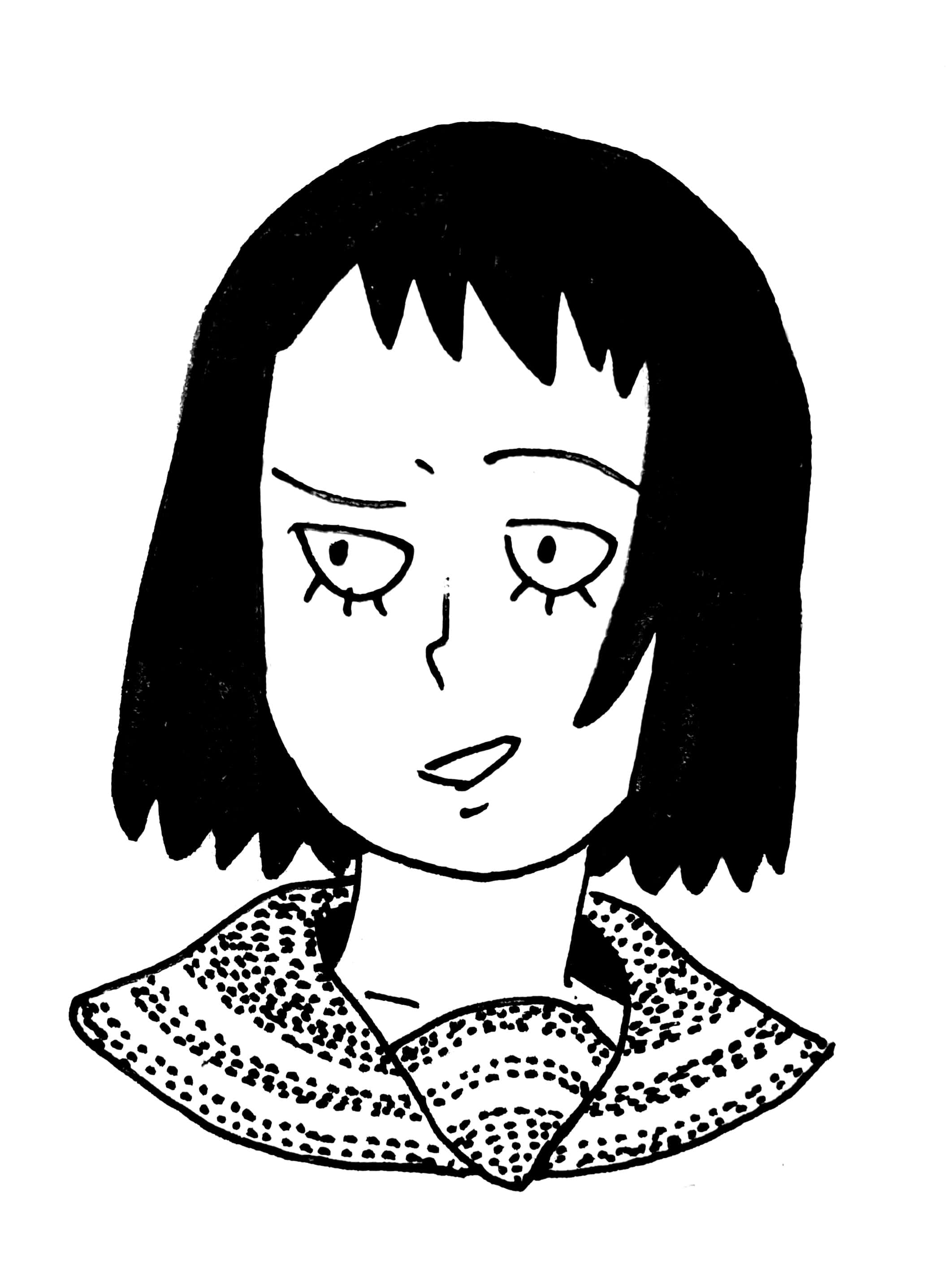Tome Kurata, black and white line drawing, short bob hair, 2K Phone Wallpaper