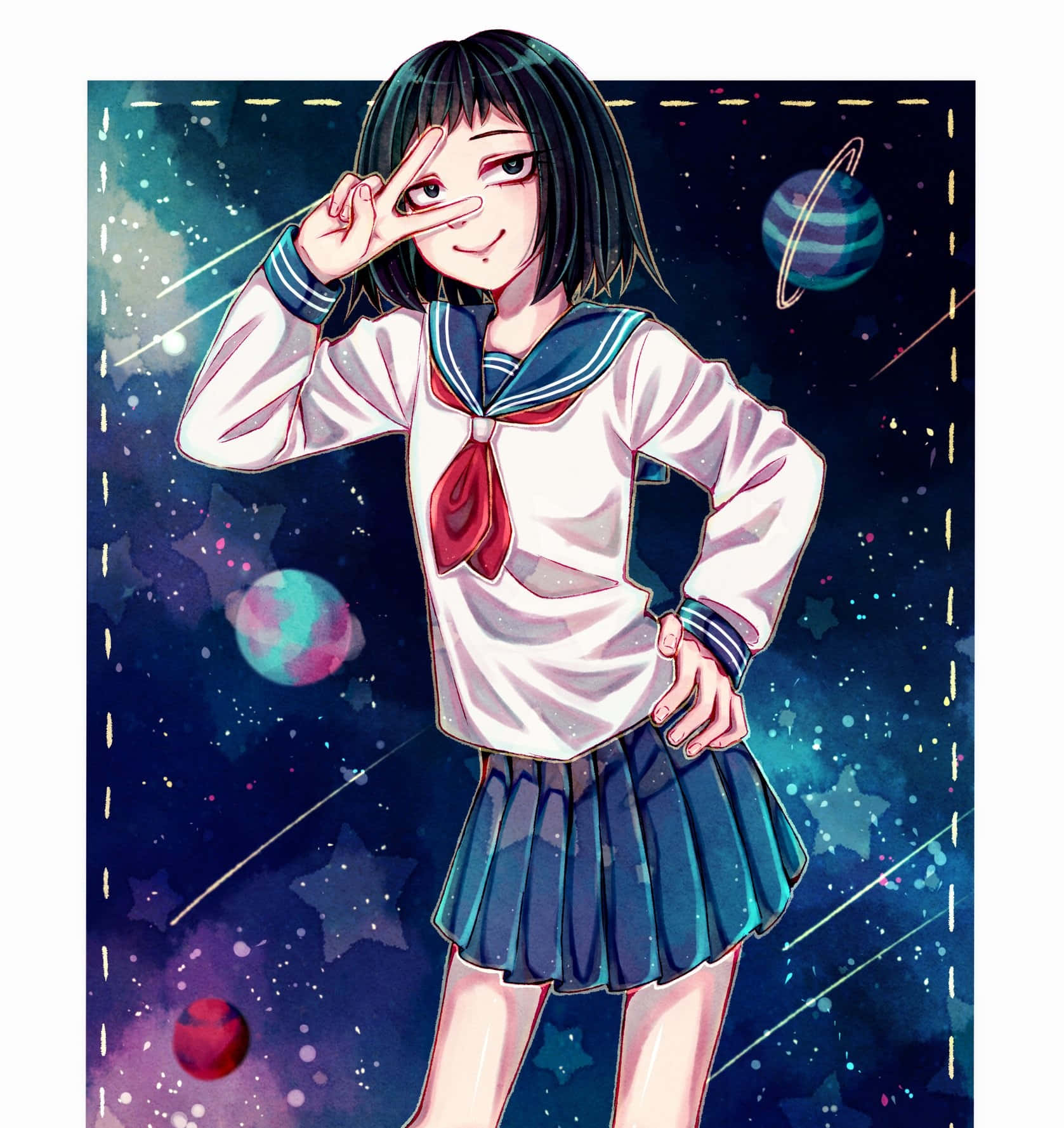 Tome Kurata, sailor uniform, cosmic backdrop, HD Phone Wallpaper