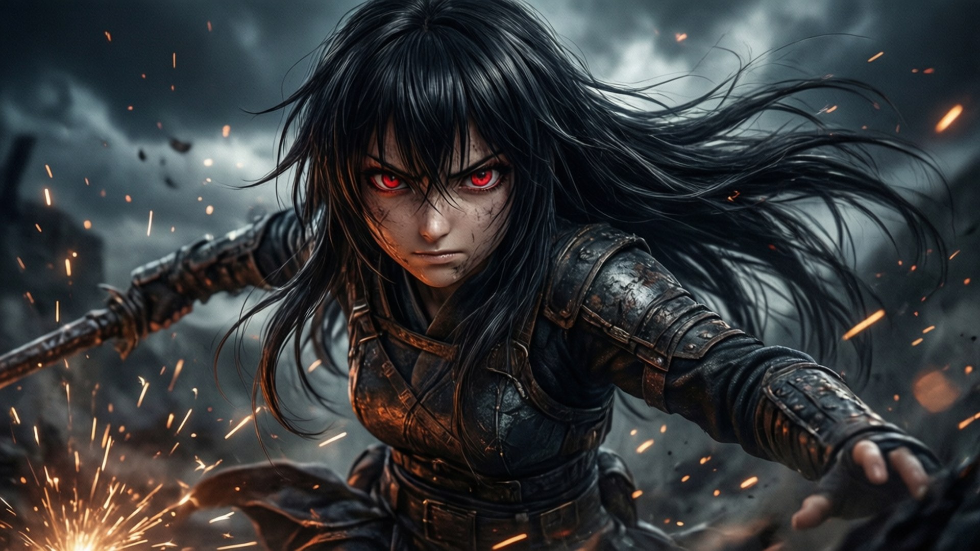 Storm Warrior Tome, glowing red eyes, black hair, Full HD Desktop Wallpaper