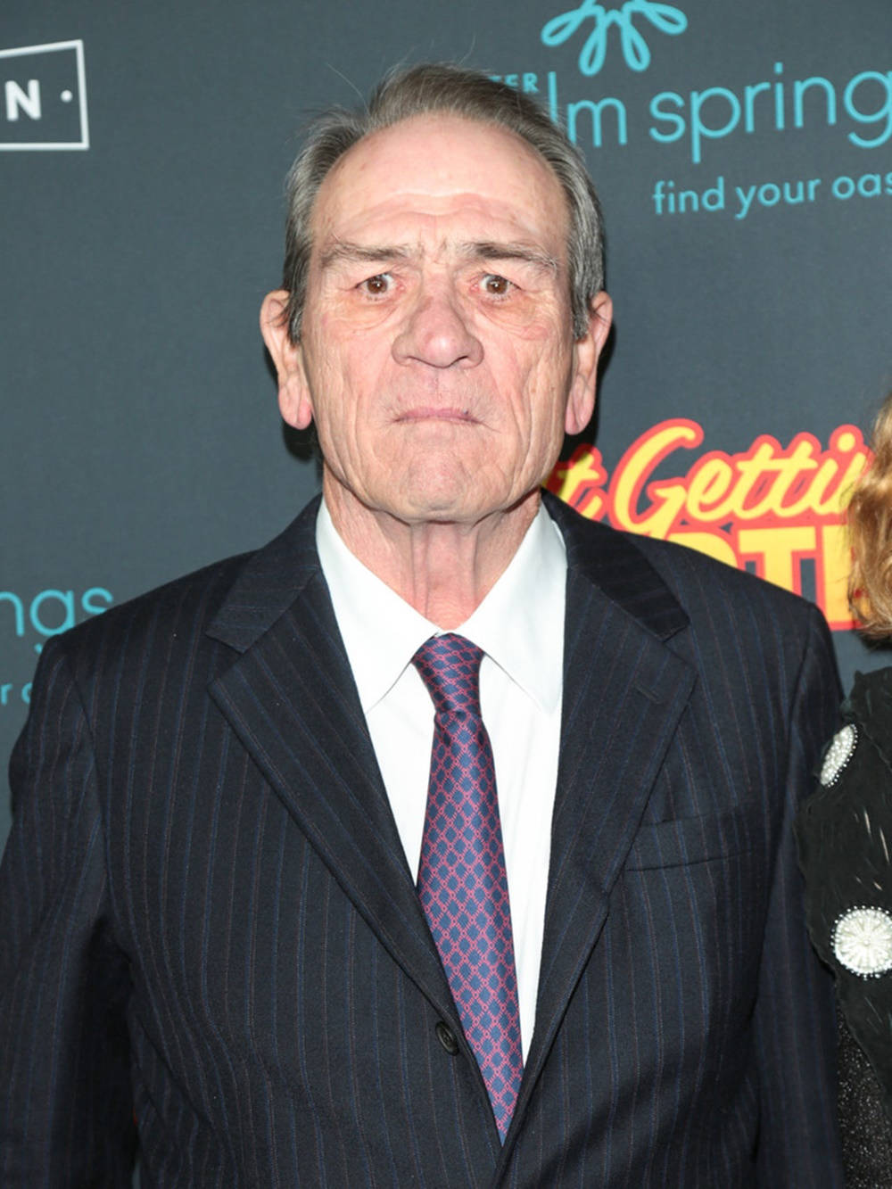 Tommy Lee Jones, dark pinstripe suit, patterned tie, HD Phone Wallpaper