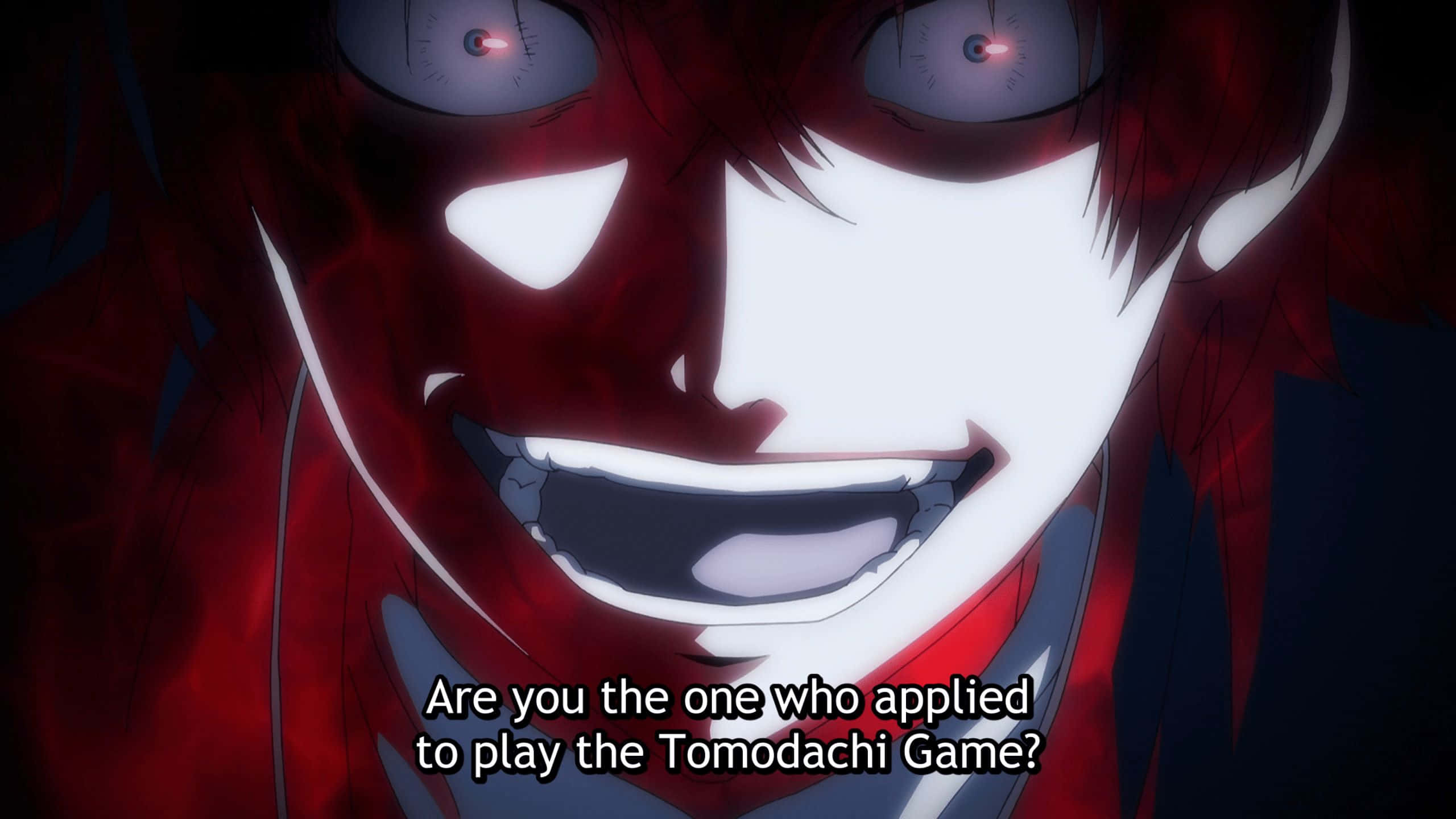 Tomodachi Game, glowing red eyes, wide grin, 2K Desktop Wallpaper