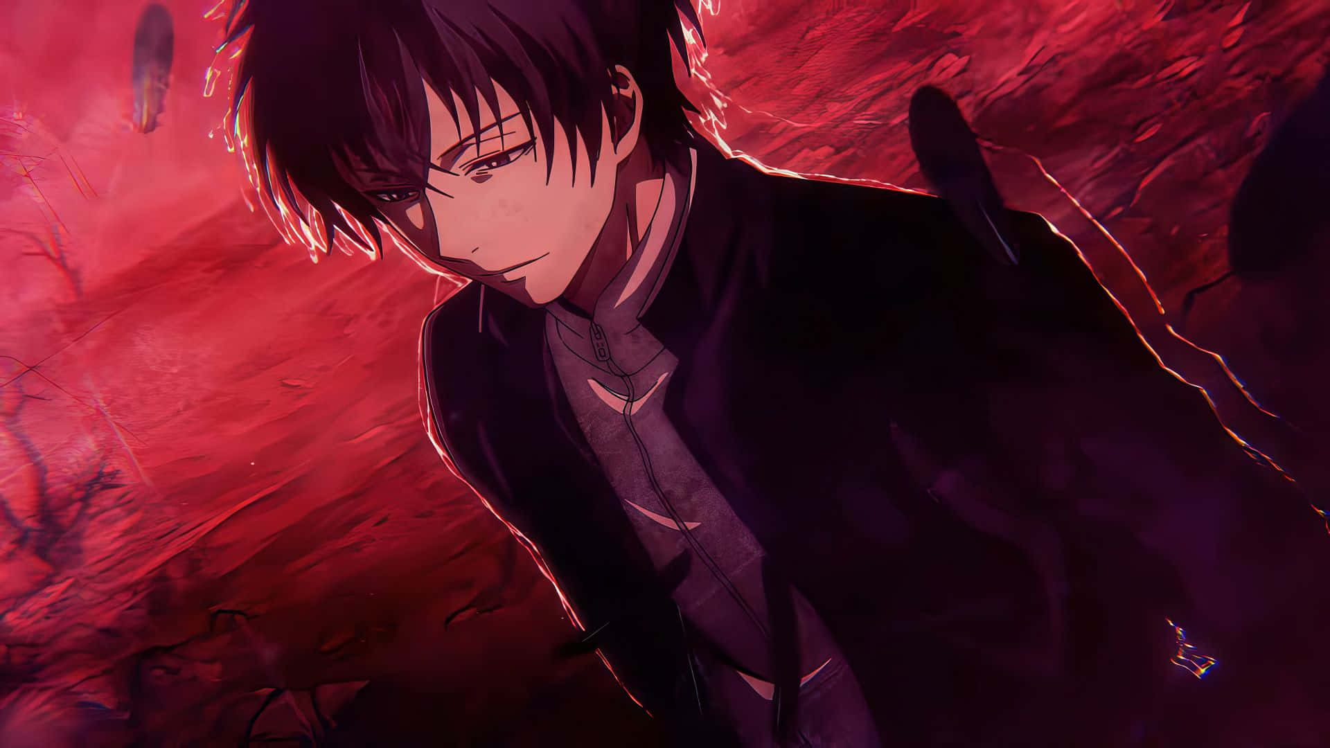 Tomodachi Game, dark-haired anime male, swirling red background, Full HD Desktop Wallpaper