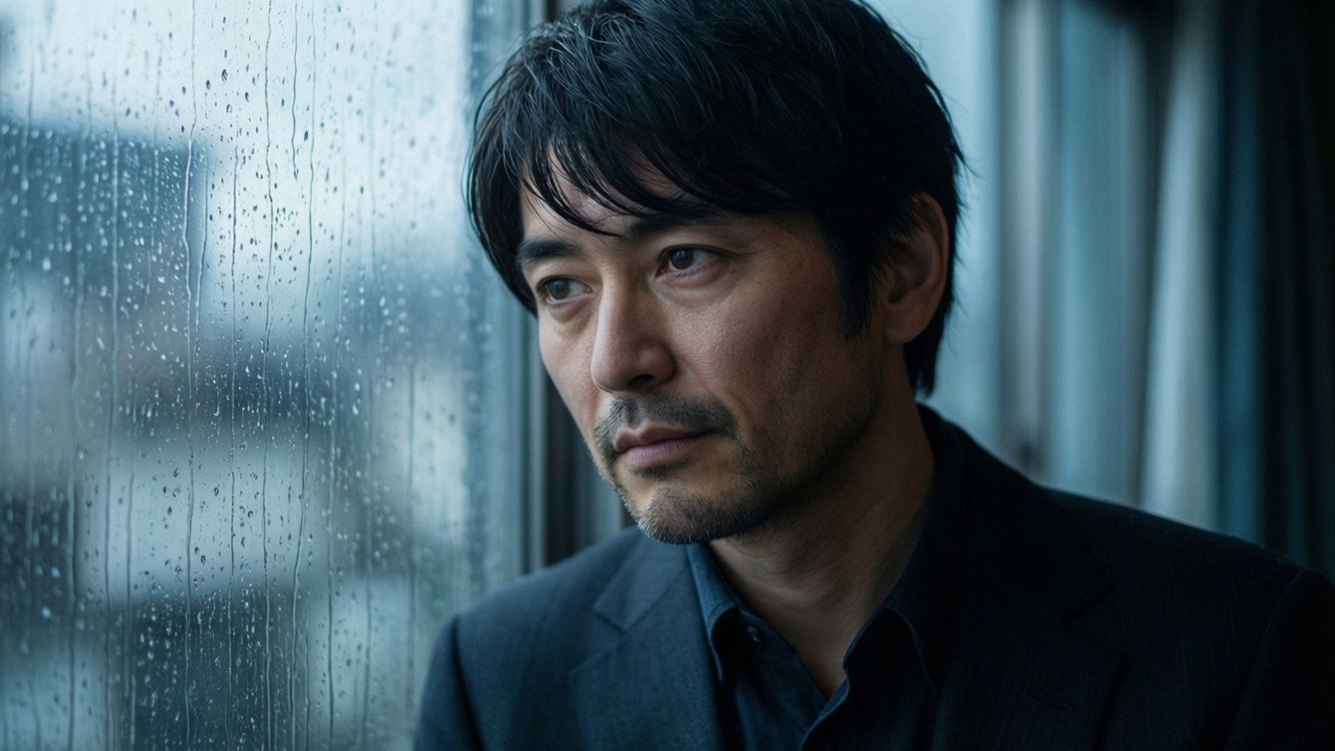 Tomohiro Nagatsuka, rainy day, contemplative pose, Full HD Desktop Wallpaper