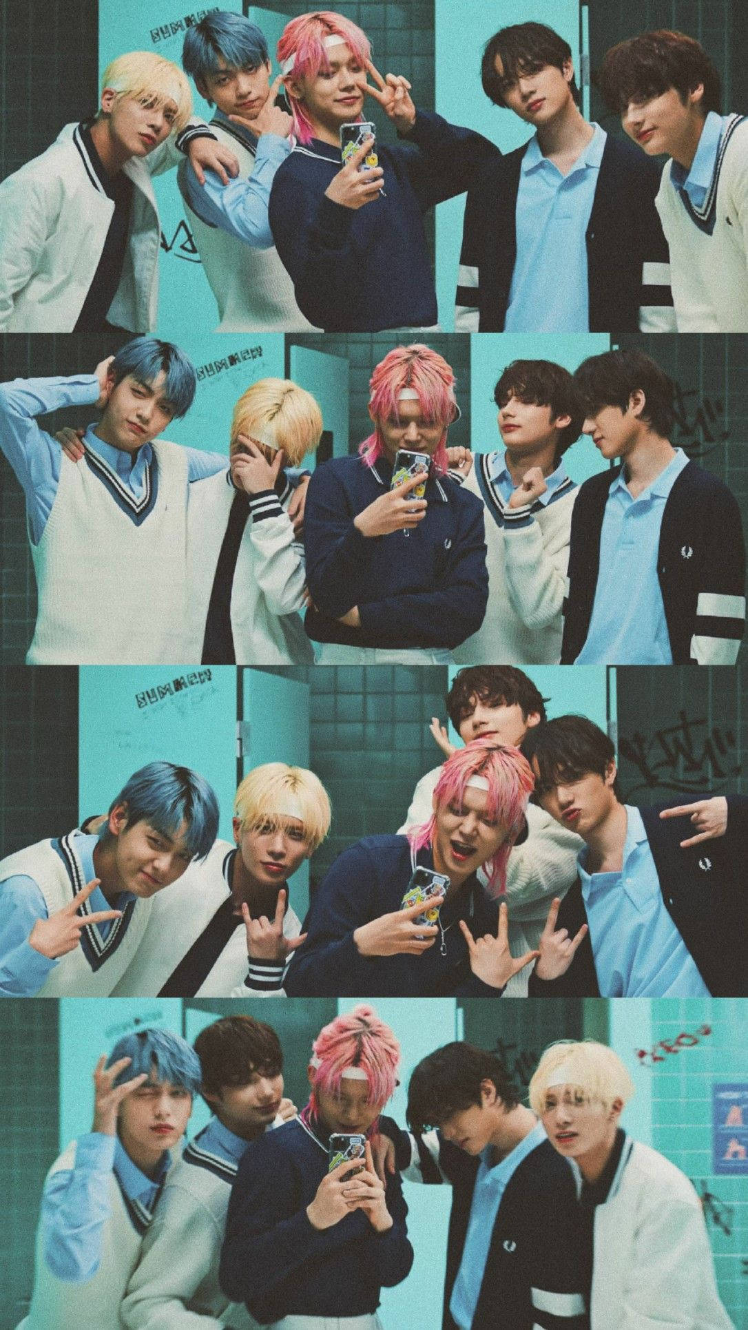 Tomorrow X Together, teal hallway, colorful hair, Full HD Phone Wallpaper