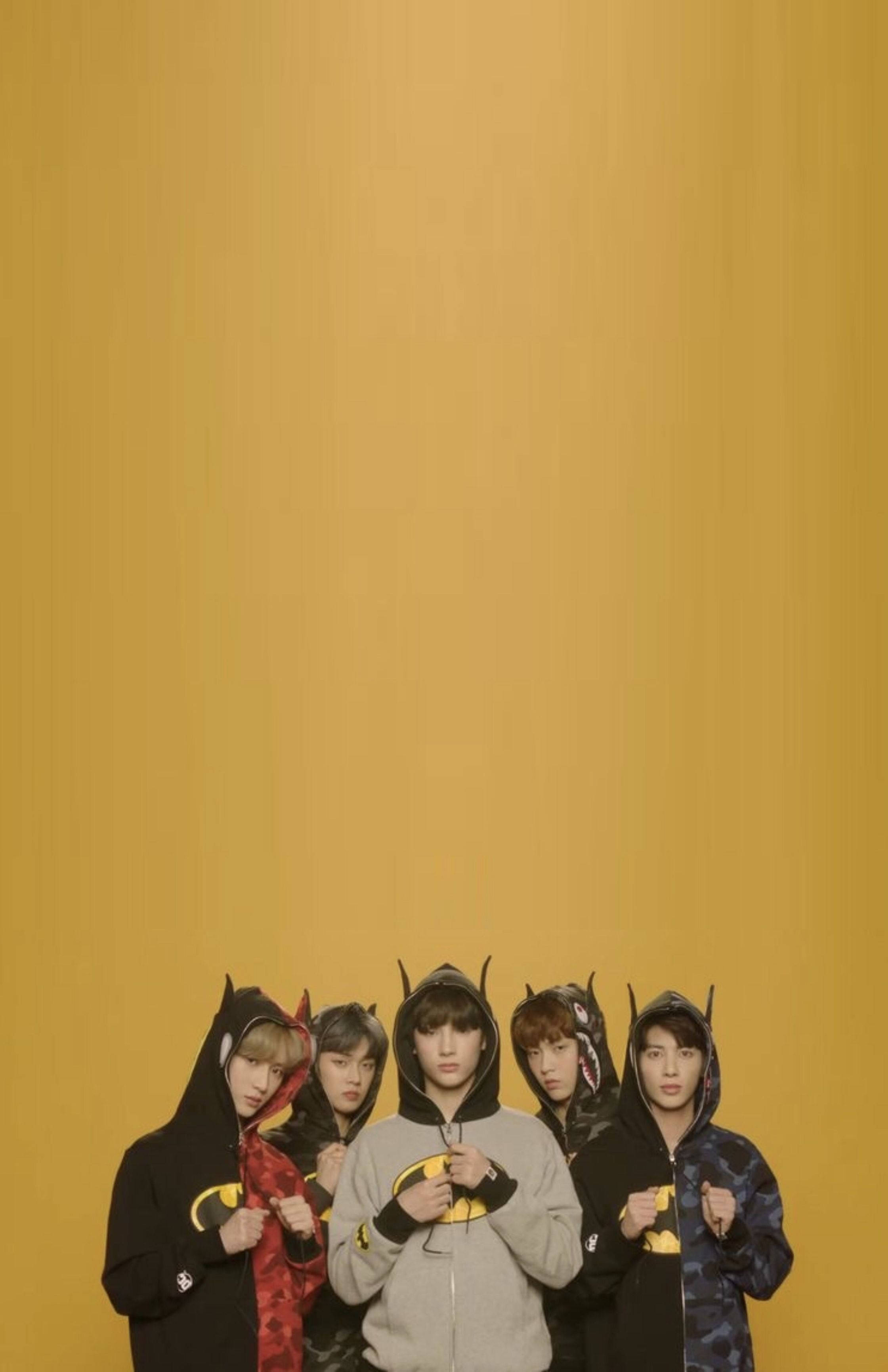 Tomorrow X Together, Batman hoodies, mustard yellow background, 2K Phone Wallpaper
