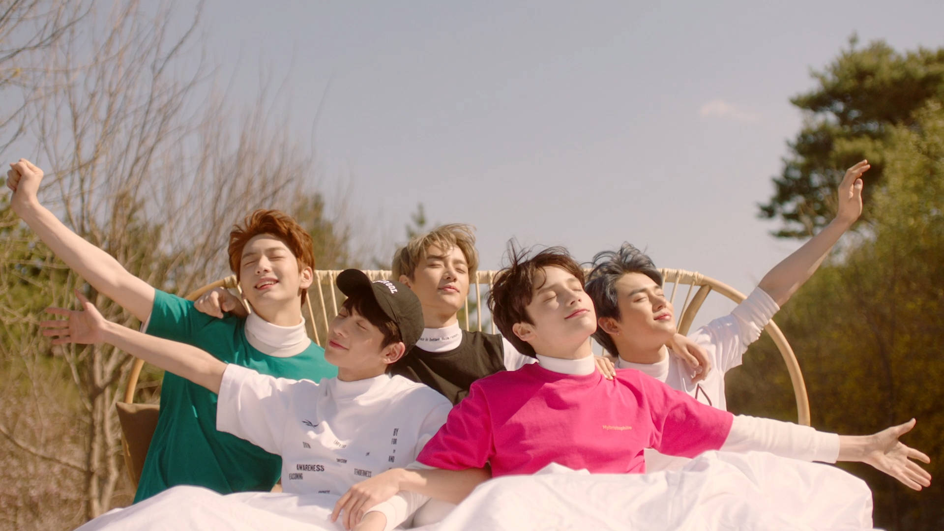 Tomorrow X Together, colorful shirts, white blanket, Full HD Desktop Wallpaper
