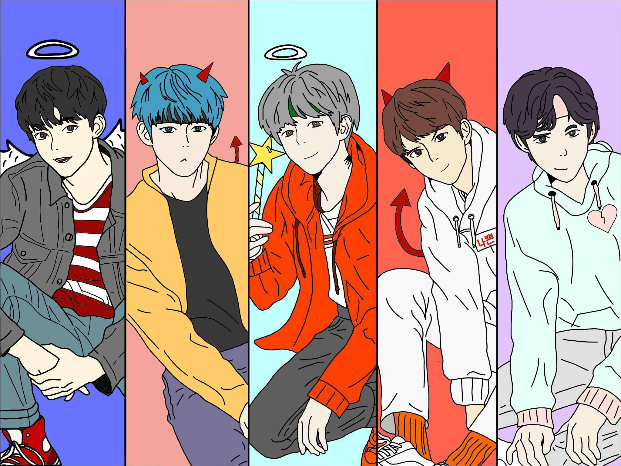Tomorrow X Together, angel or devil motifs, anime-style boys, Full HD Desktop Wallpaper