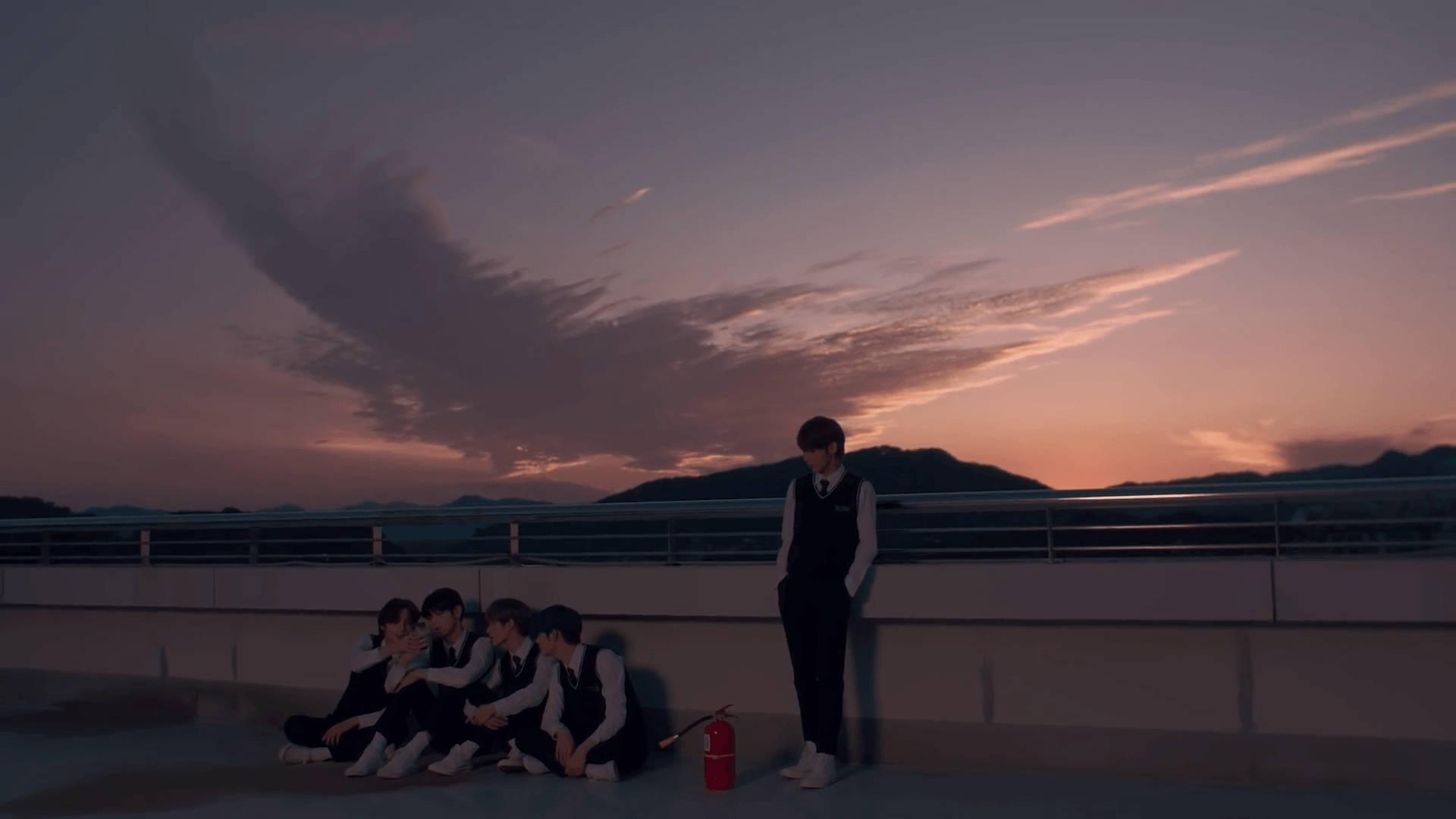 Tomorrow X Together, black vests, rooftop, Full HD Desktop Wallpaper