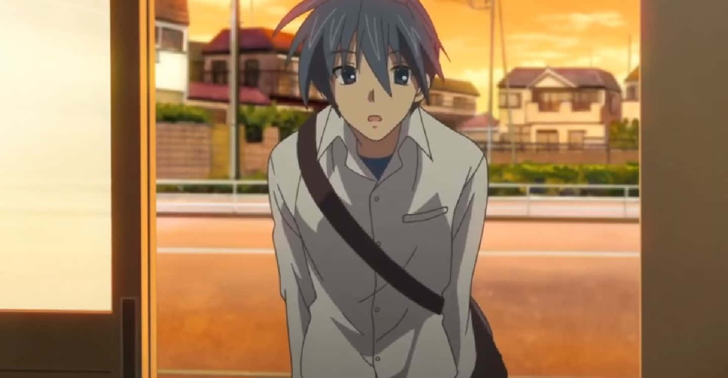 Tomoya Okazaki, cherry blossom trees, gray hair, HD Desktop Wallpaper