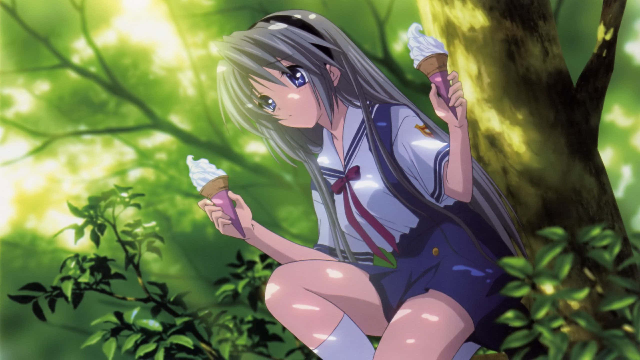 Tomoyo Sakagami, school uniform, tree, 2K Desktop Wallpaper