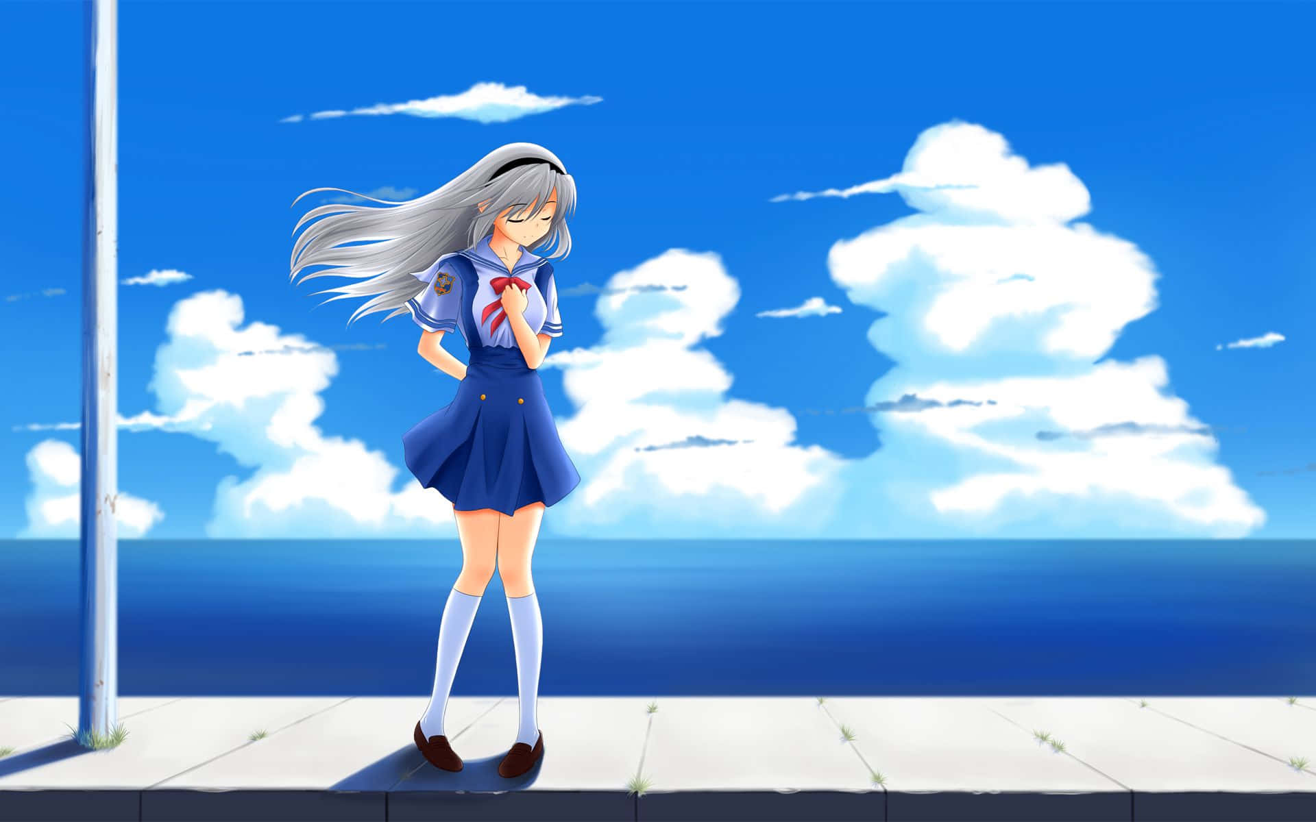 Tomoyo Sakagami, silver-haired, blue sailor uniform, Full HD Desktop Wallpaper