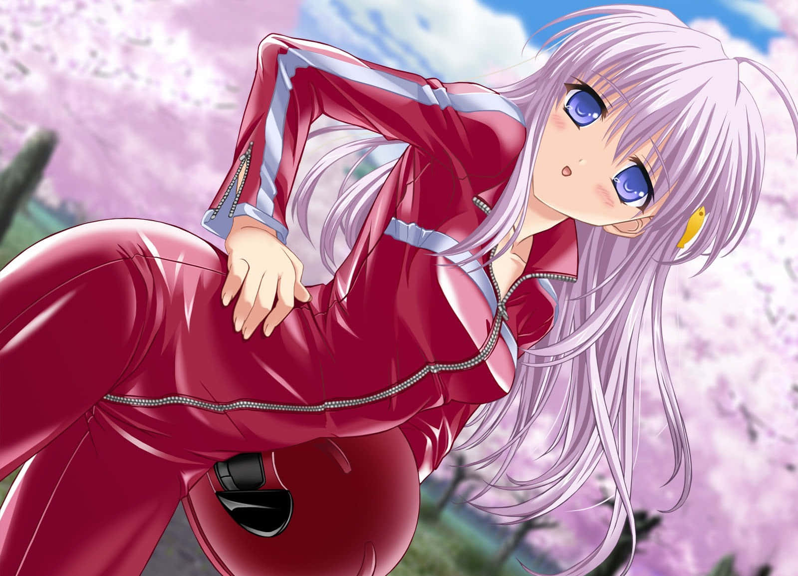 Tomoyo Sakagami, silver-haired, red tracksuit, HD Desktop Wallpaper