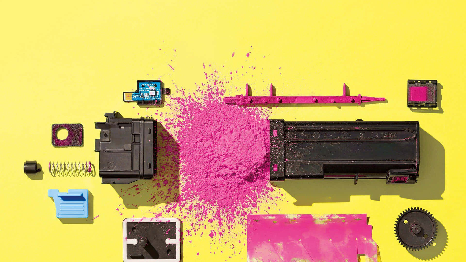 pink toner powder, printer cartridge, bold yellow background, Full HD Desktop Wallpaper
