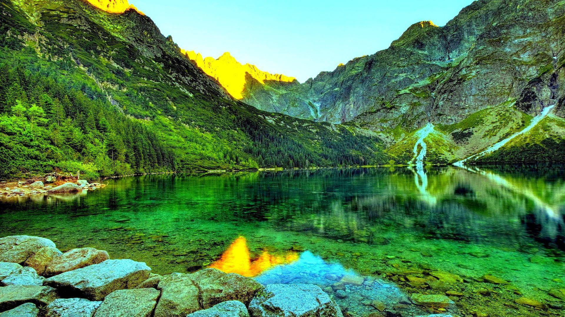 Tonga Lake Mountain, golden peaks, lush green forests, Full HD Desktop Wallpaper