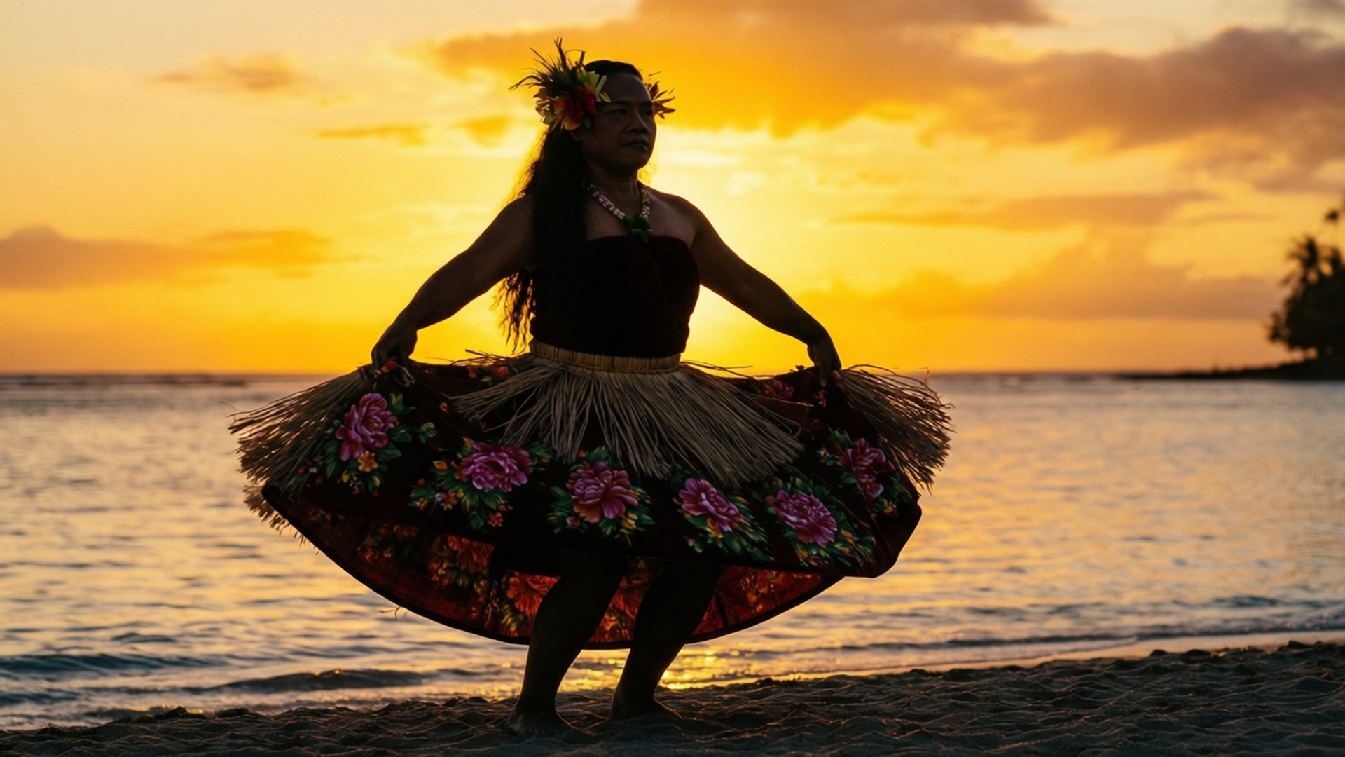 Tongan Sunset Dance, floral skirt, beach, Full HD Desktop Wallpaper