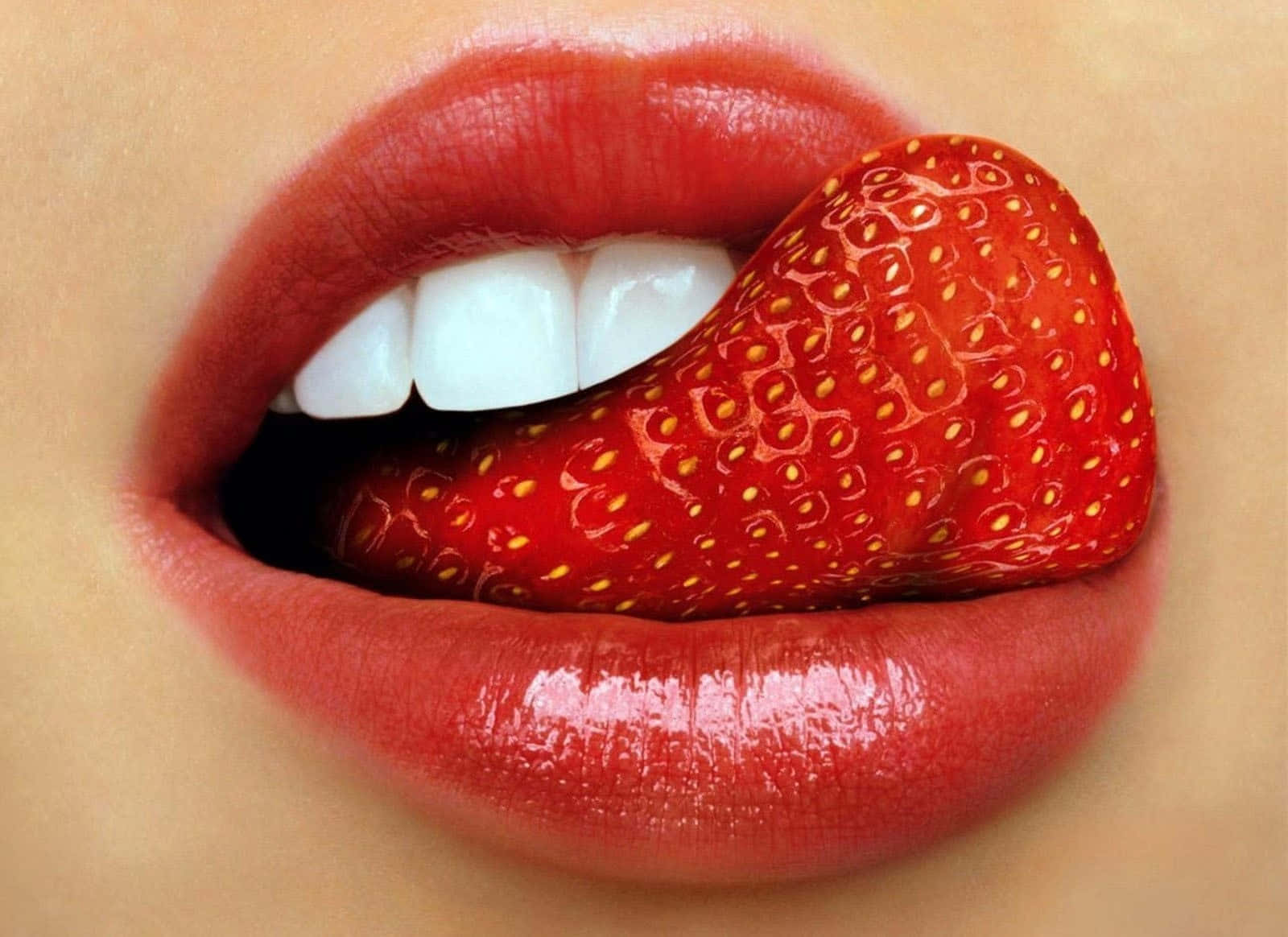 strawberry, glossy red lips, ripe strawberry, HD Desktop Wallpaper
