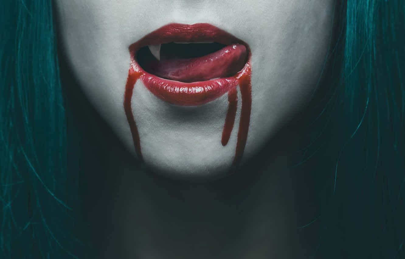 vampire woman, teal hair, red lips, HD Desktop Wallpaper