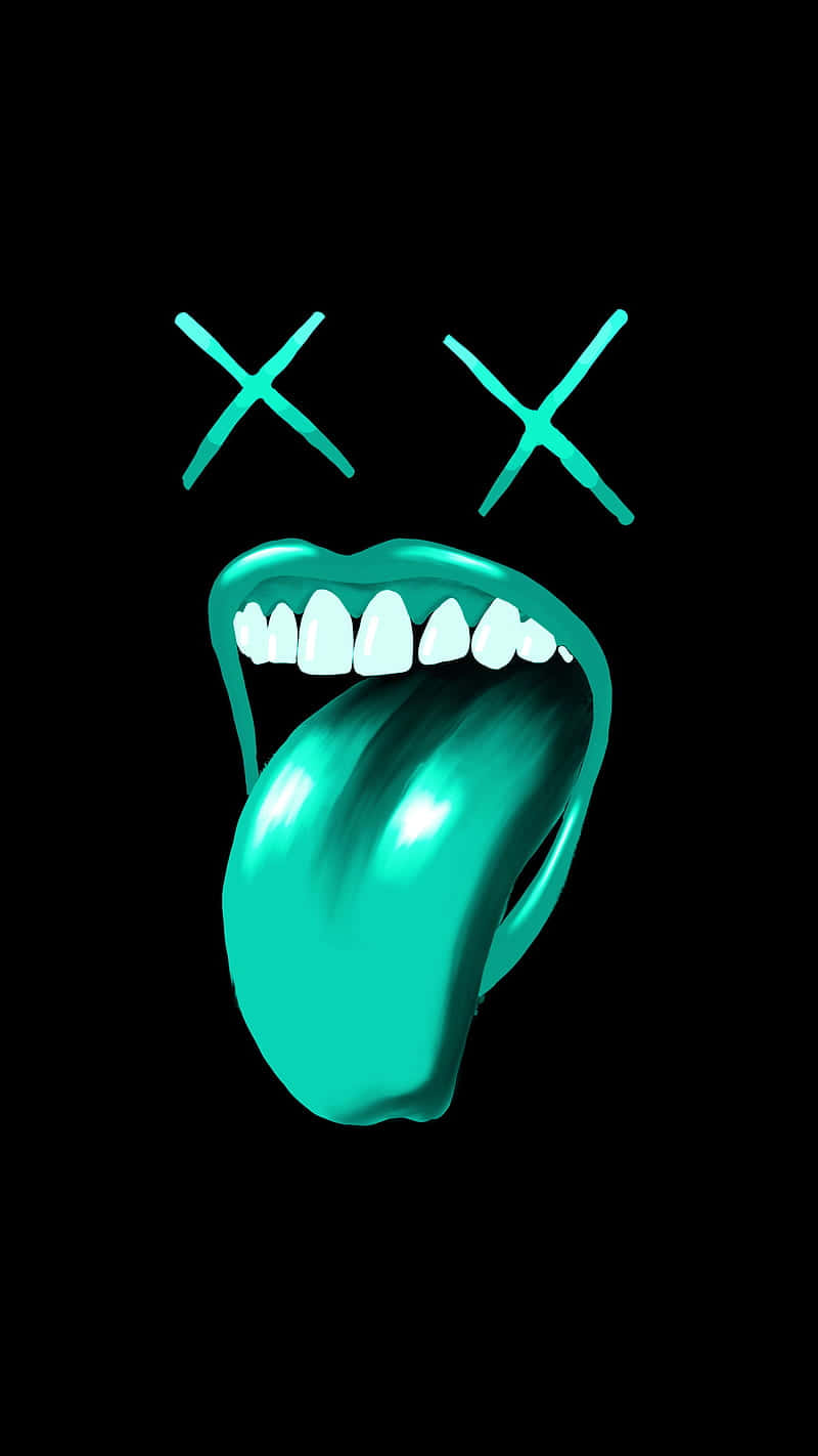 glowing teal tongue, X eyes, black background, HD Phone Wallpaper