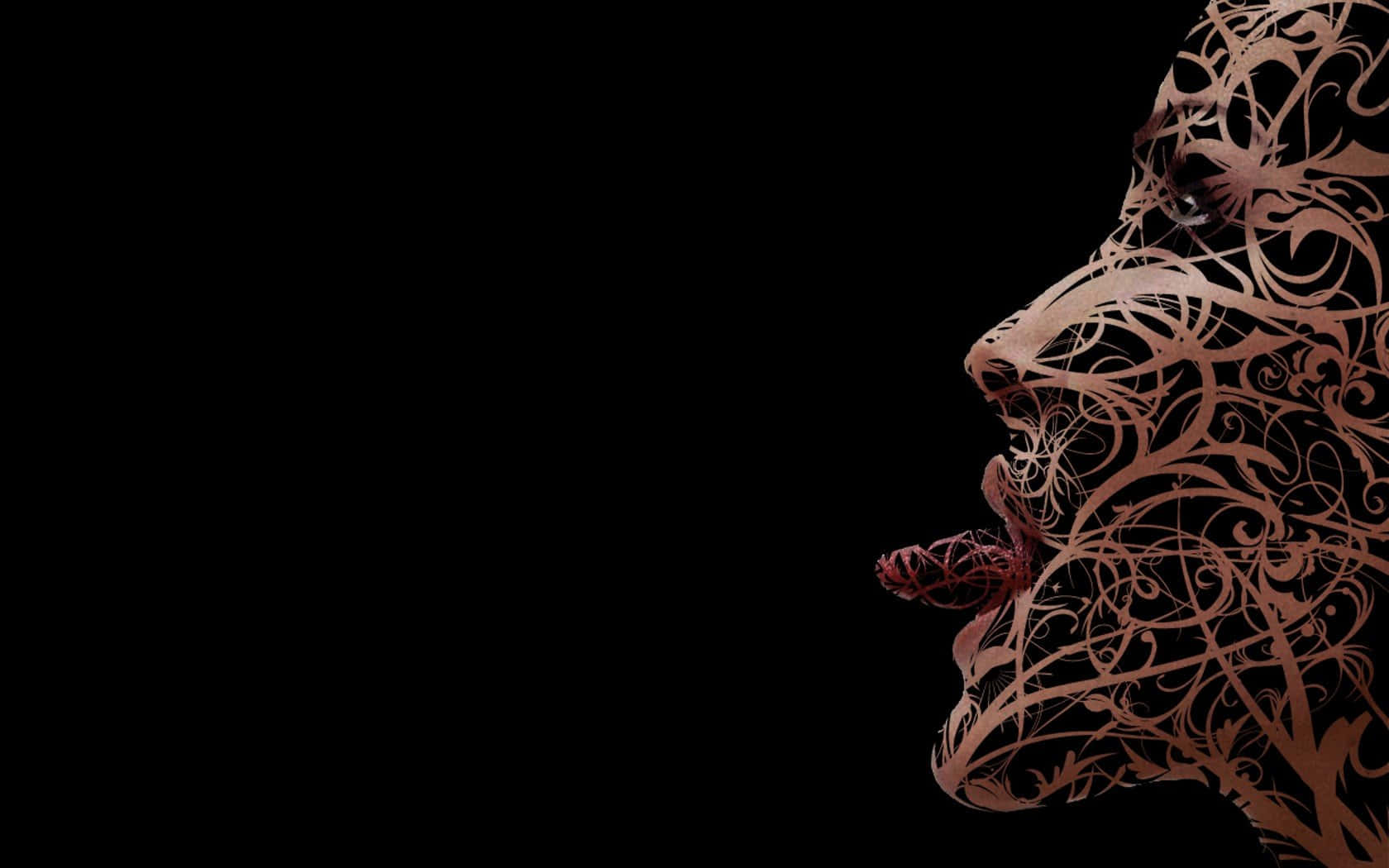 art woman tongue out, copper-toned filigree, stark black background, HD Desktop Wallpaper
