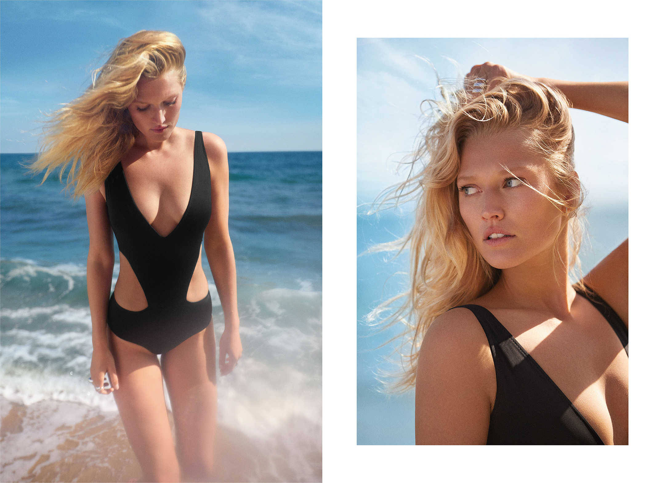 Toni Garrn, black swimsuit, sunlit beach, Full HD Desktop Wallpaper