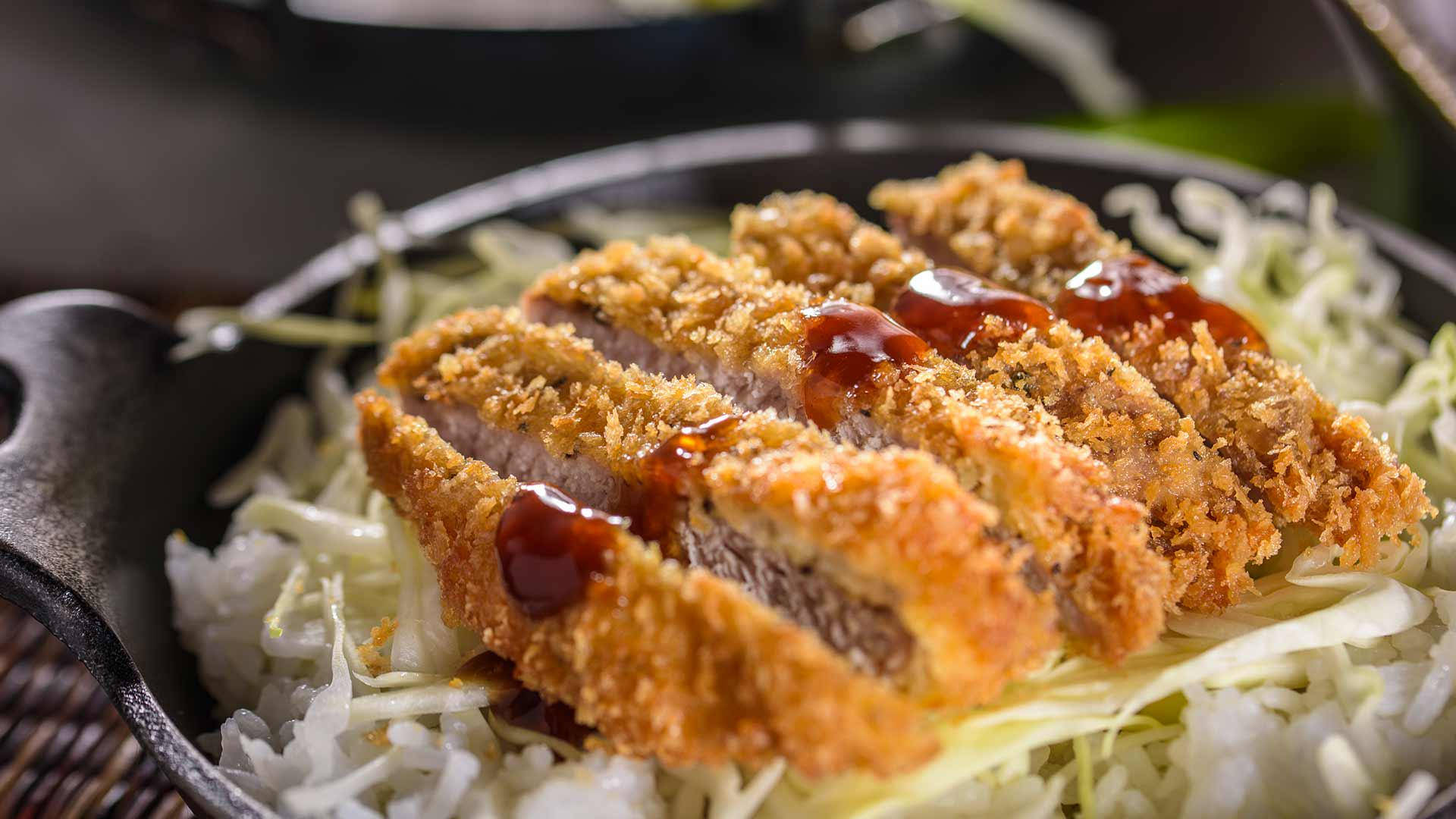 tonkatsu, cabbage slaw, black cast-iron skillet, Full HD Desktop Wallpaper