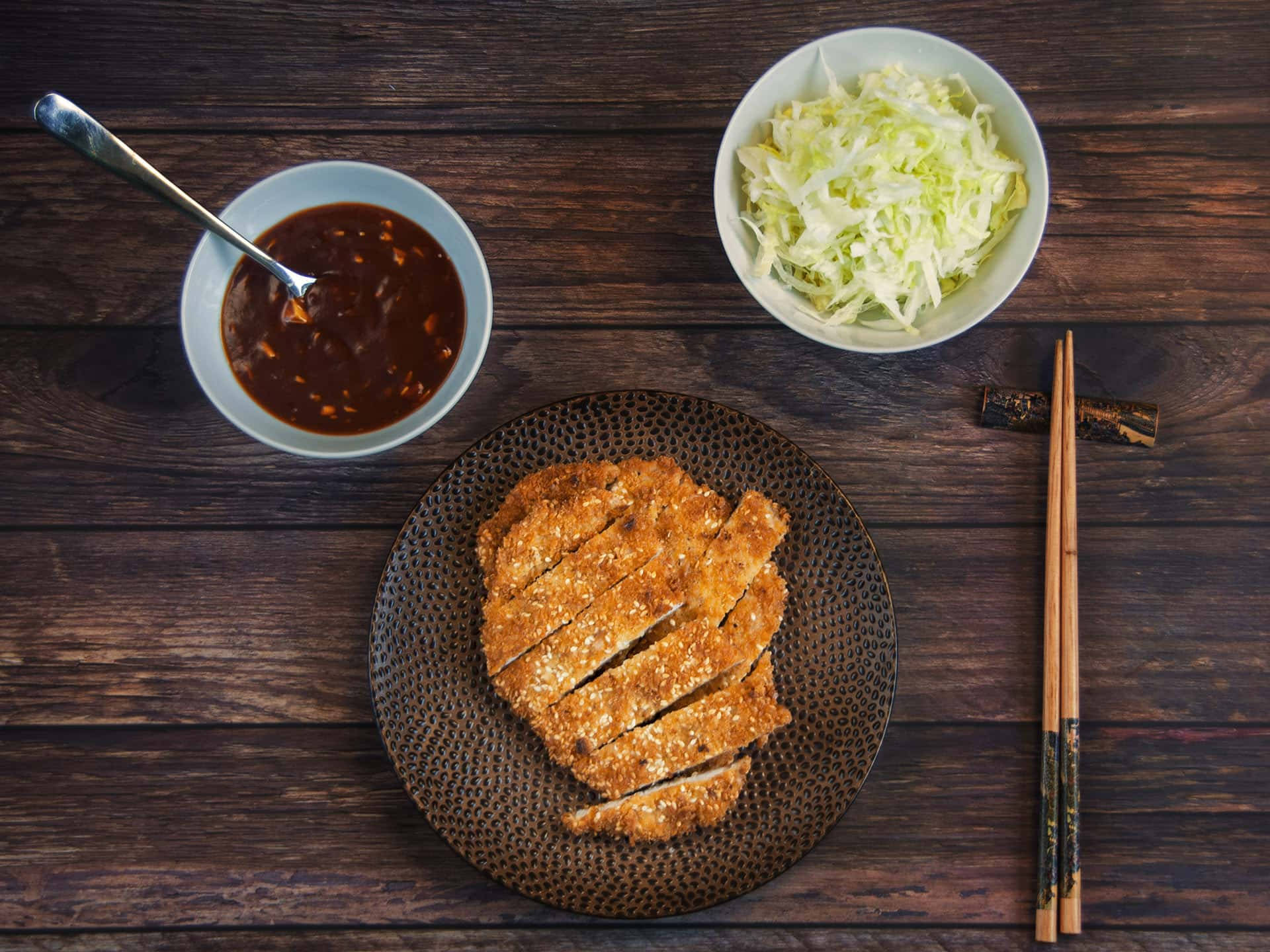 Tonkatsu, golden-brown sliced katsu, textured plate, Full HD Desktop Wallpaper