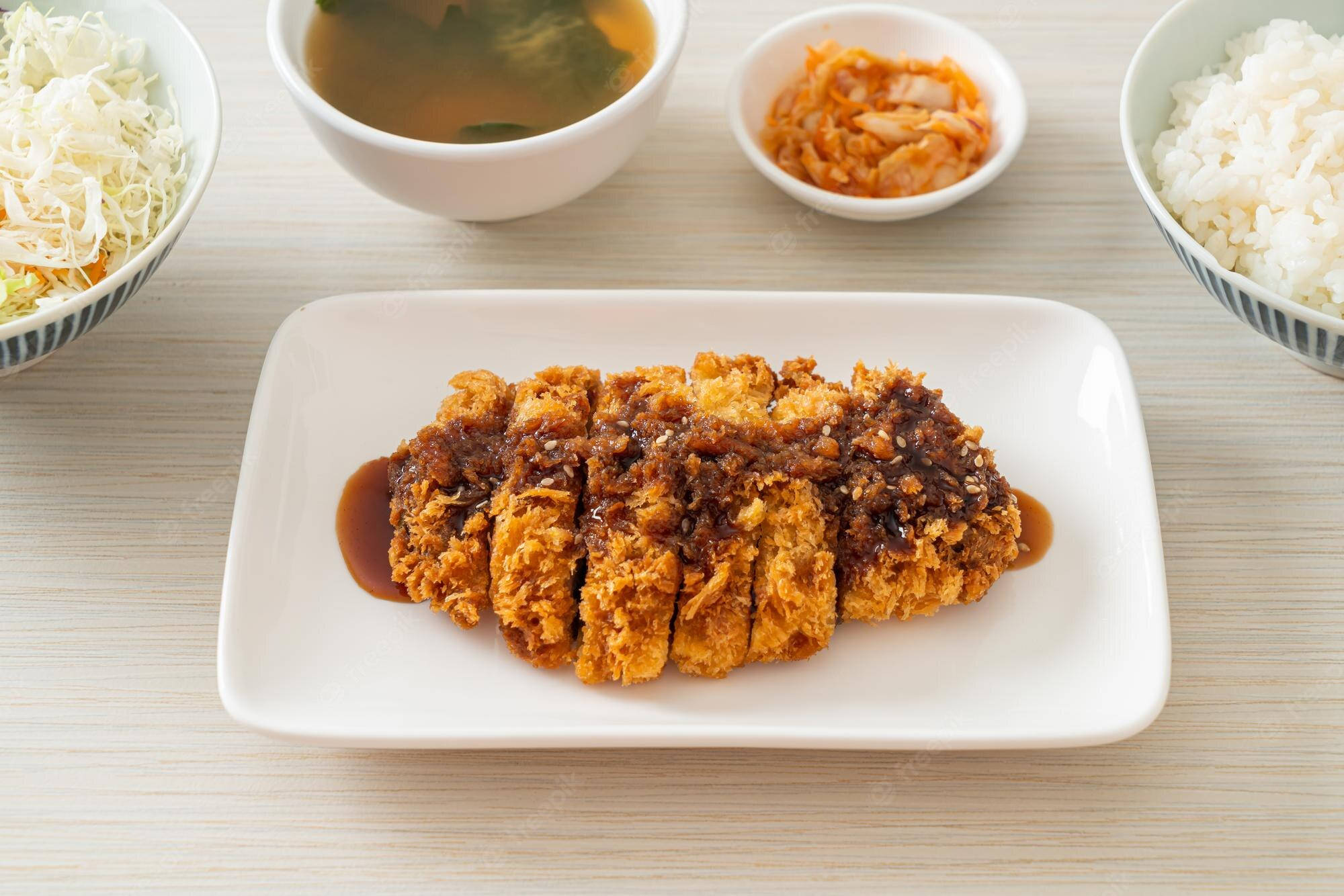 Saucy Japanese Tonkatsu, rectangular plate, golden katsu, Full HD Desktop Wallpaper