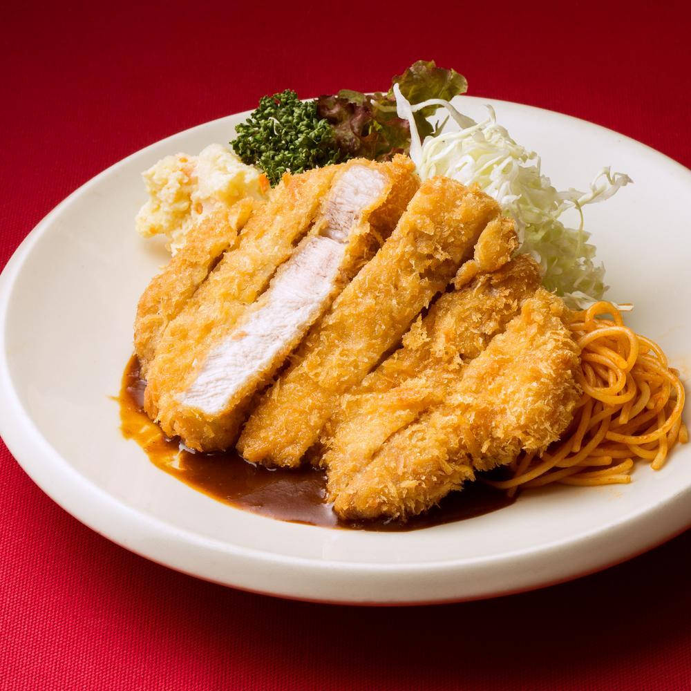 Tonkatsu, pasta, white plate, SD Desktop Wallpaper