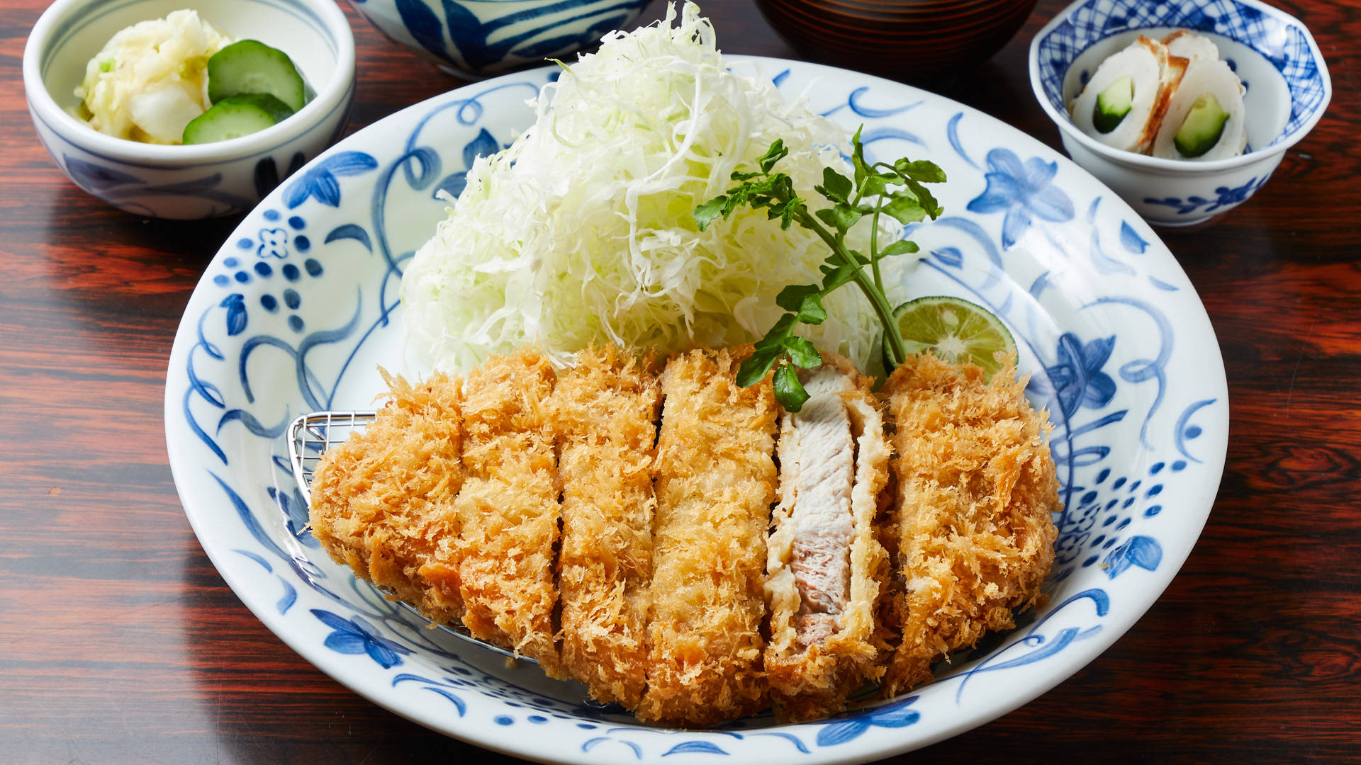 tonkatsu, ceramic plate, blue floral plate, Full HD Desktop Wallpaper