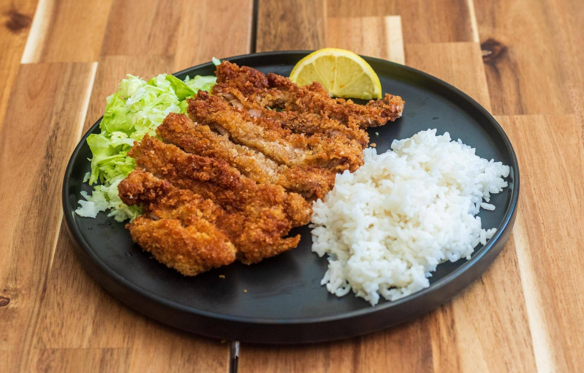 Tonkatsu, round plate, white rice, Full HD Desktop Wallpaper