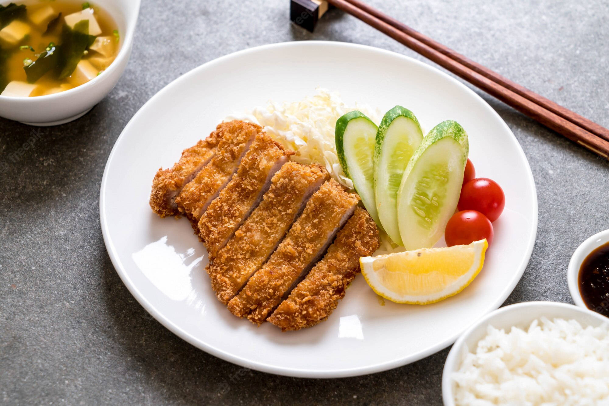 tonkatsu, white plate, gray table, Full HD Desktop Wallpaper