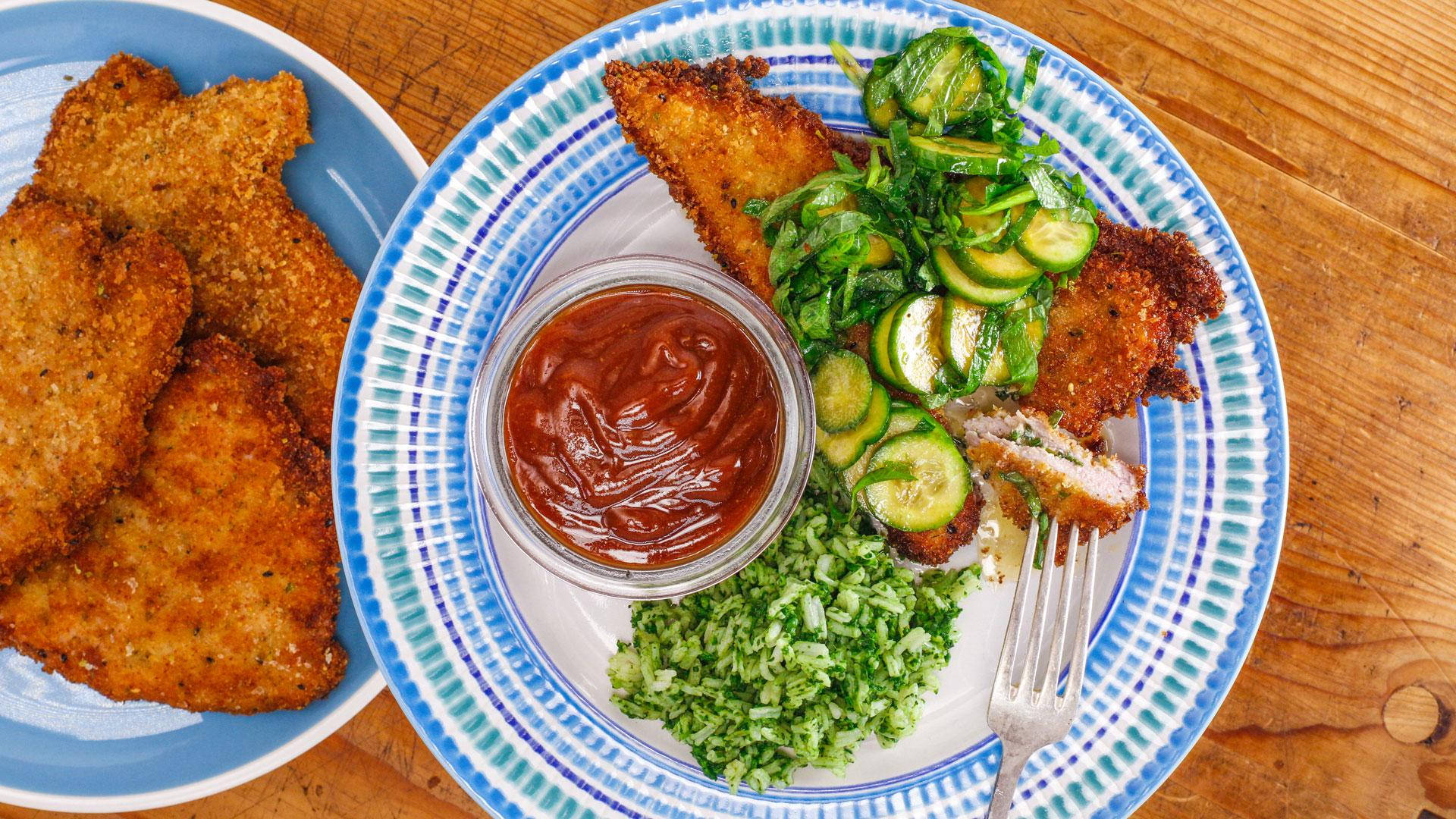 crunchy tonkatsu, green salad, sauce, Full HD Desktop Wallpaper