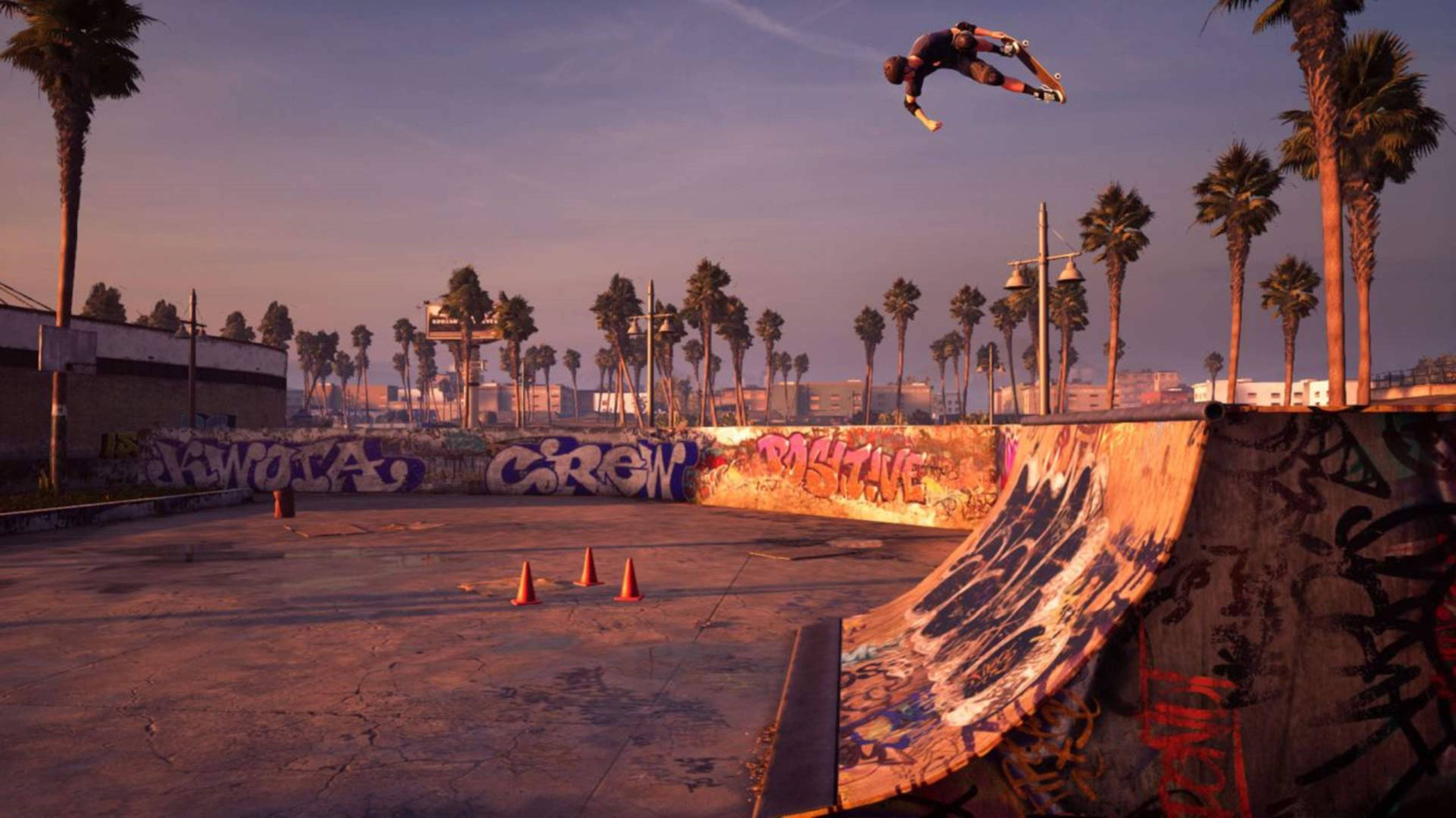 Tony Hawk, video game scene, graffiti-covered ramp, 5K Desktop Wallpaper