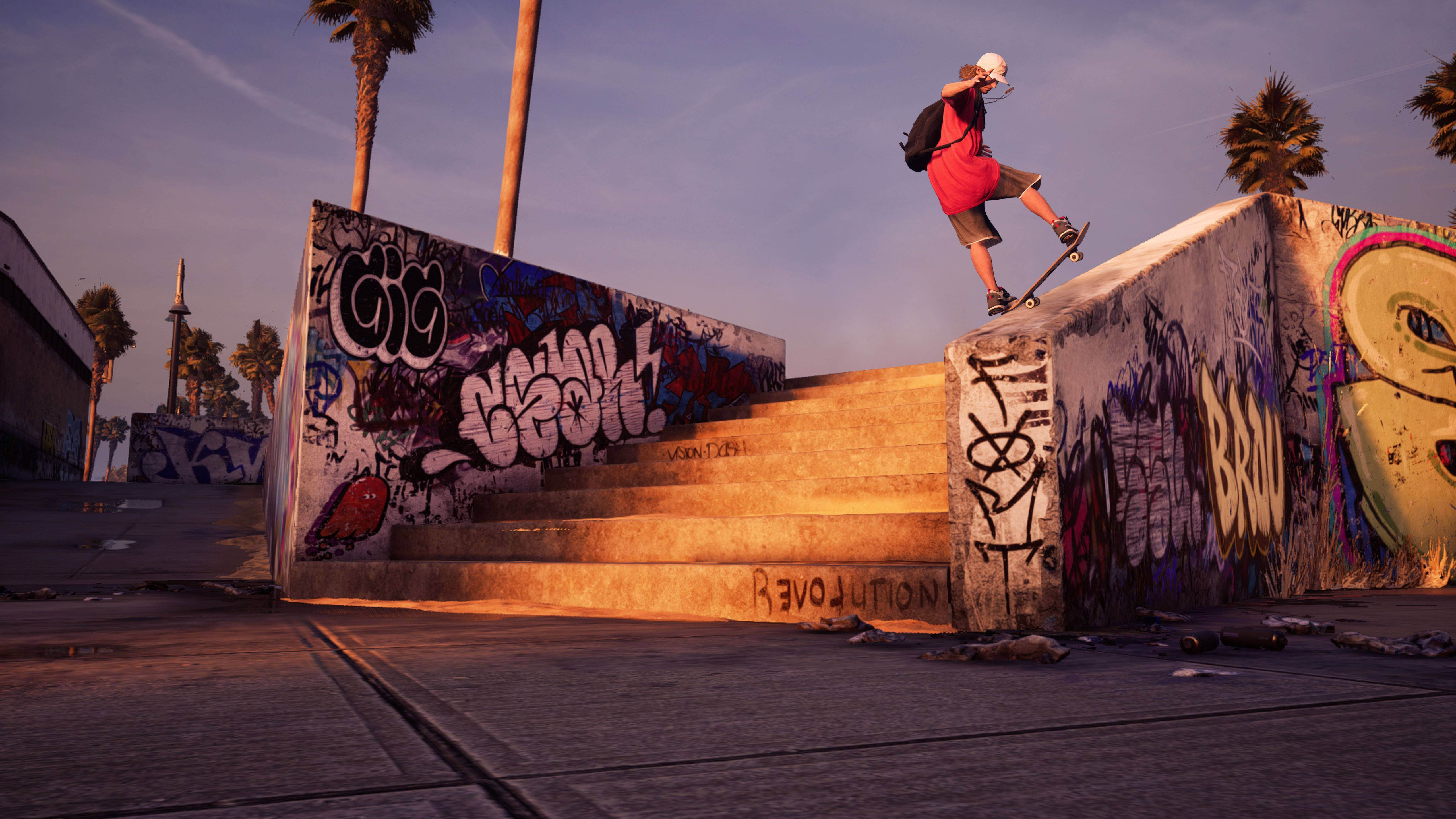 Tony Hawk, skateboarder, graffiti-covered concrete ledge, 5K Desktop Wallpaper