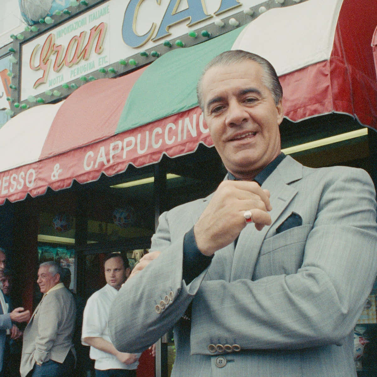 Tony Sirico, gray suit, Italian cafe, SD Desktop Wallpaper