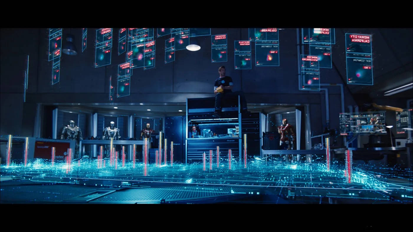 Tony Stark, glowing blue data platform, high-tech command center, HD Desktop Wallpaper