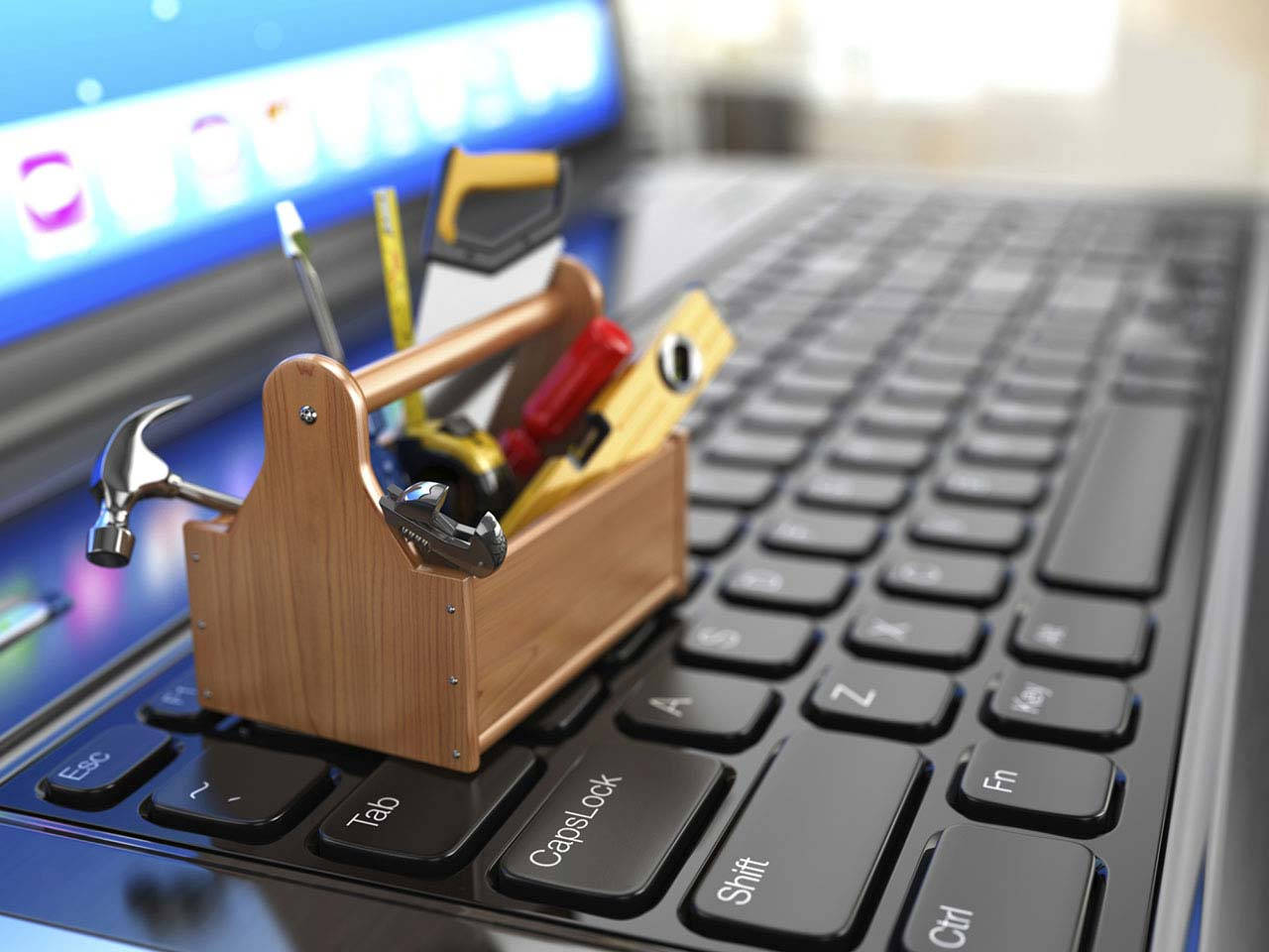 wooden toolbox, miniature tools, laptop keyboard, HD Desktop Wallpaper