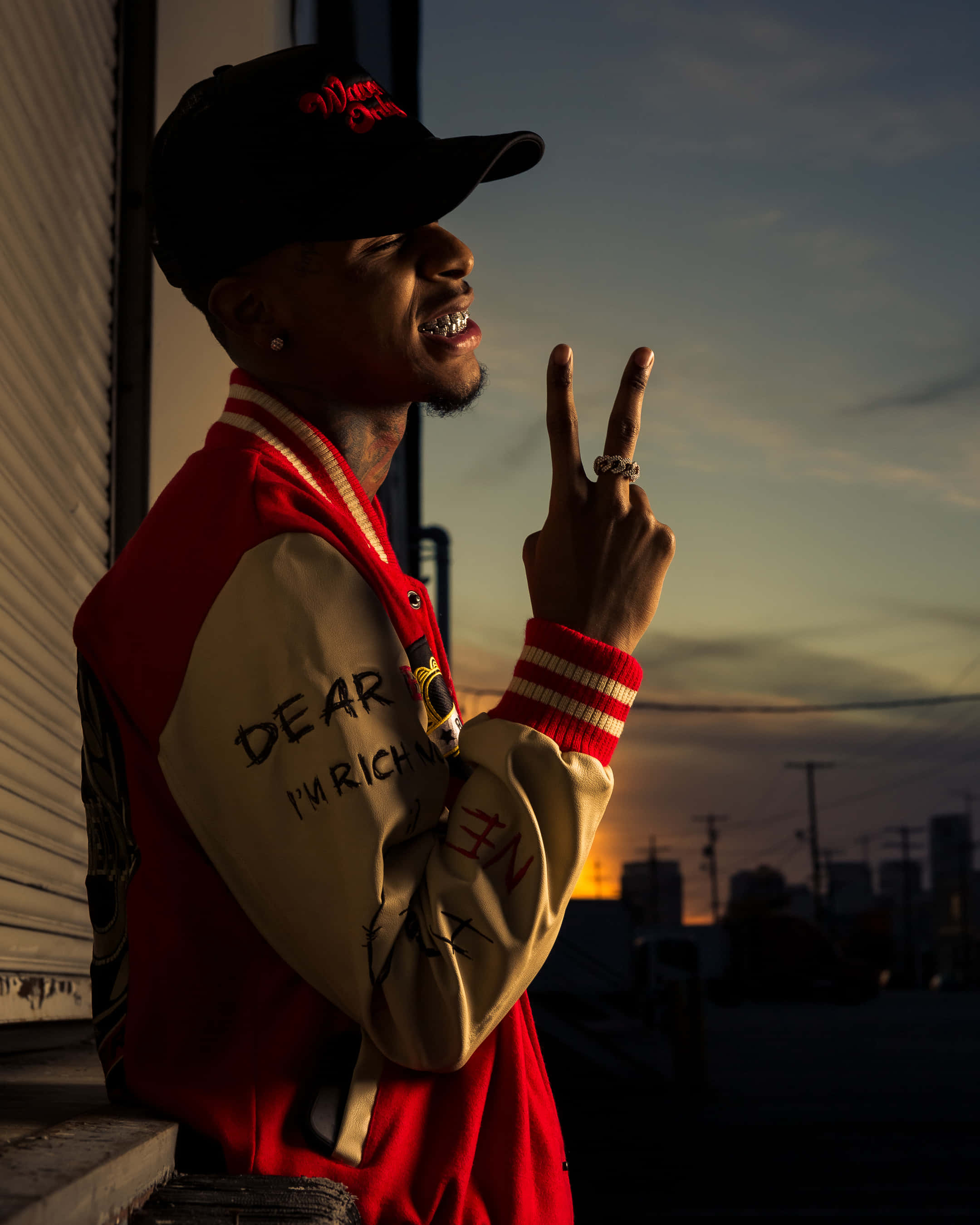 Toosii, red and beige varsity jacket, peace sign, 2K Phone Wallpaper