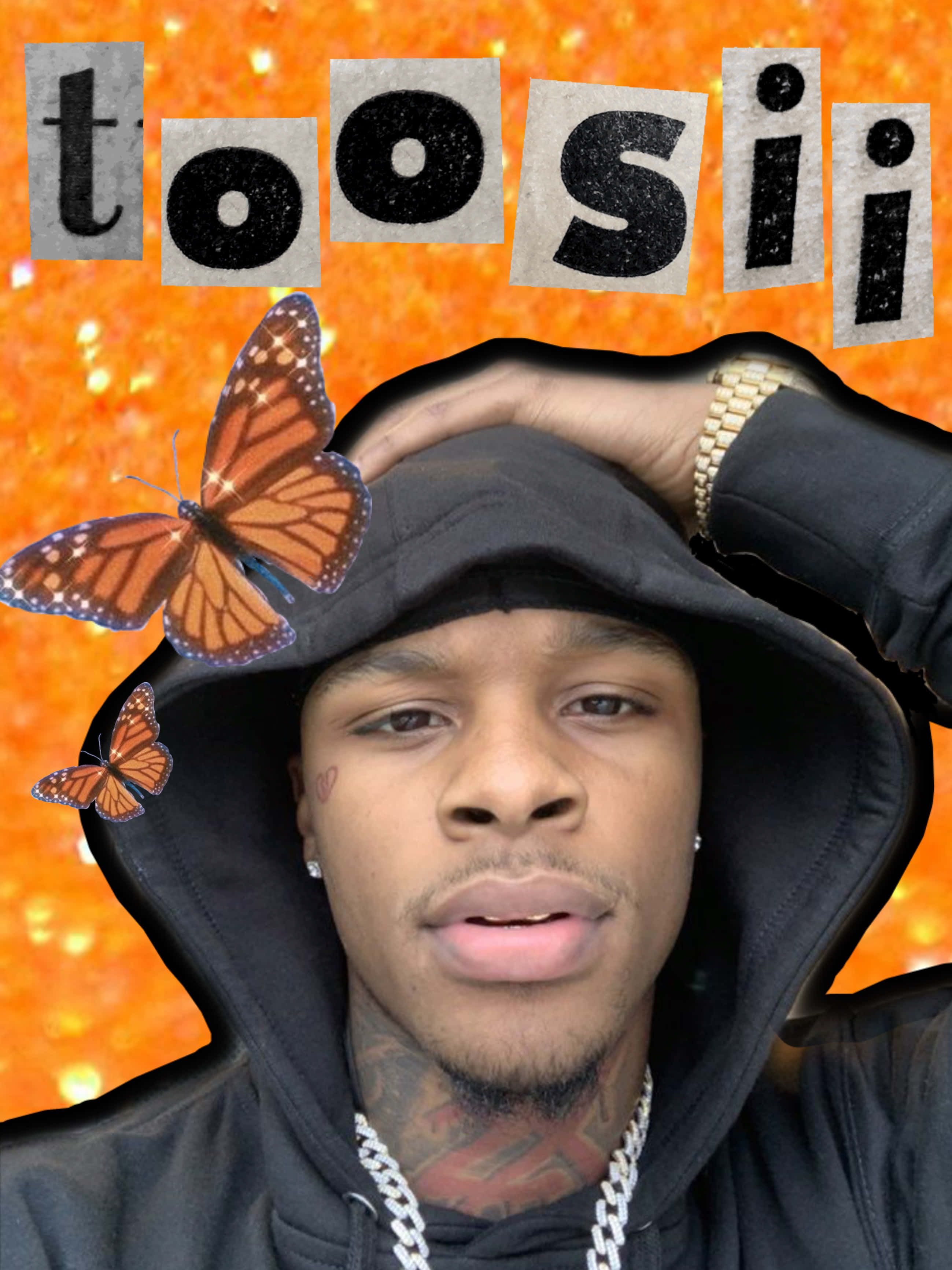 Toosii, black hoodie, monarch butterflies, 2K Phone Wallpaper
