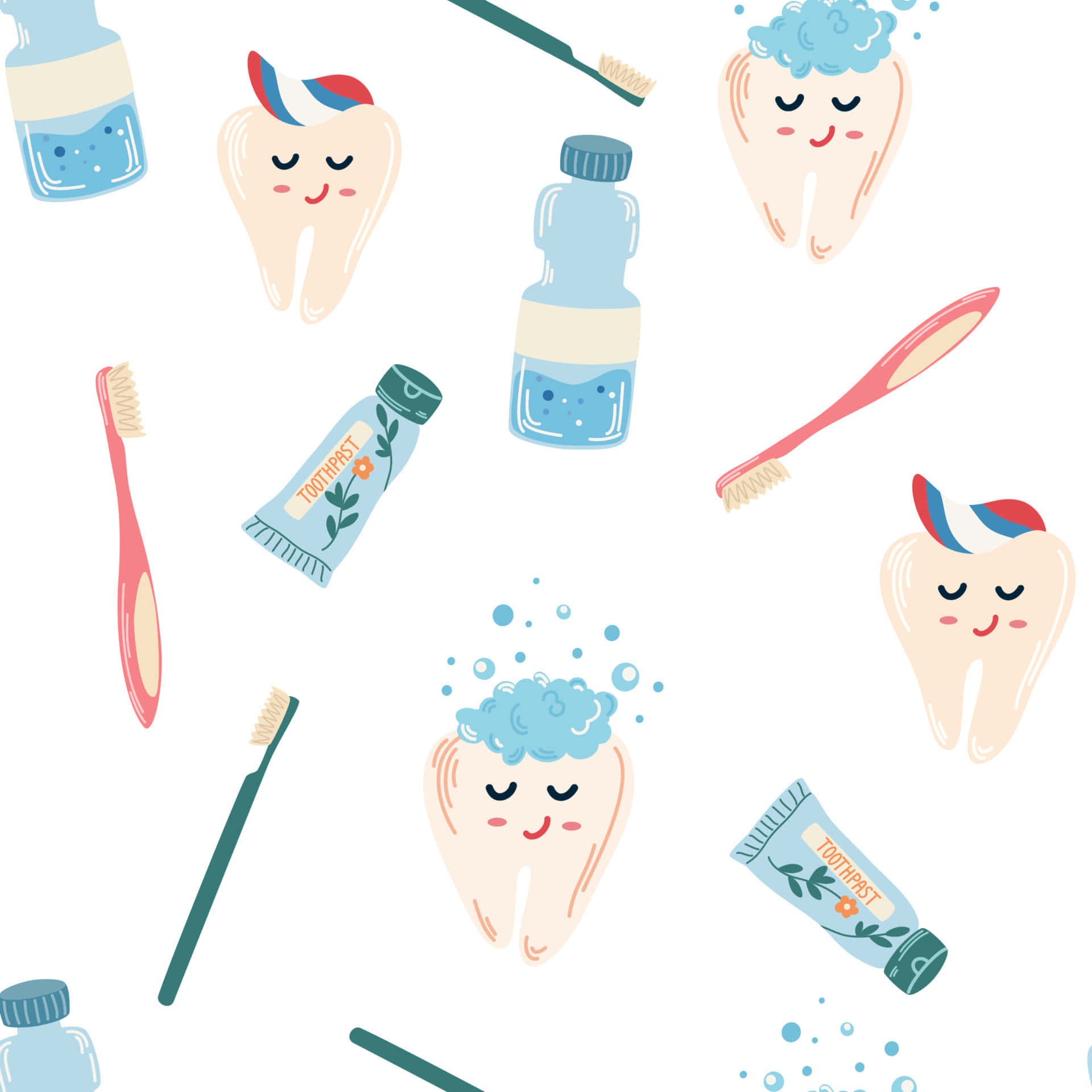 dental hygiene, cartoon teeth, toothbrushes, Full HD Desktop Wallpaper