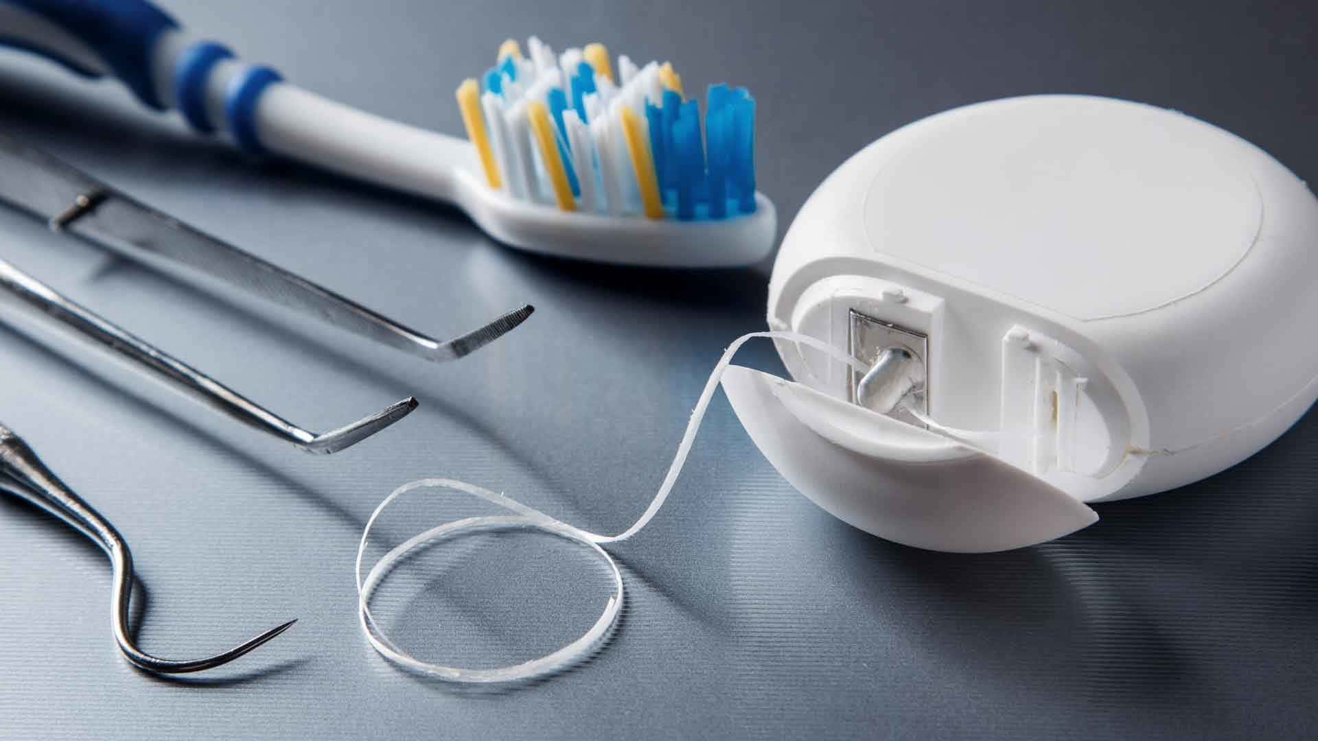 toothbrush, dental floss container, metal instruments, Full HD Desktop Wallpaper