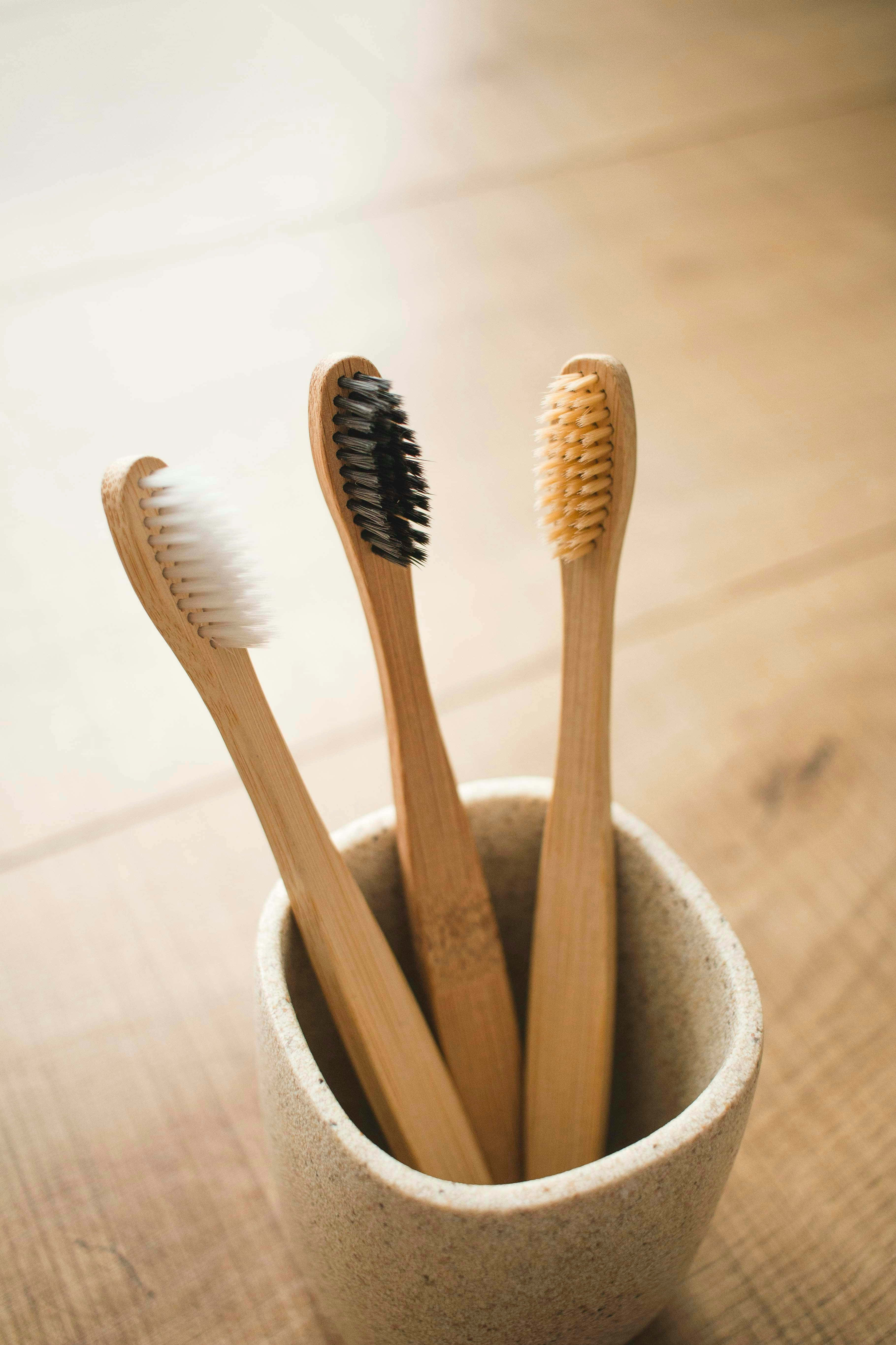 eco friendly bamboo toothbrushes, bamboo toothbrushes, speckled ceramic cup, 5K Phone Wallpaper