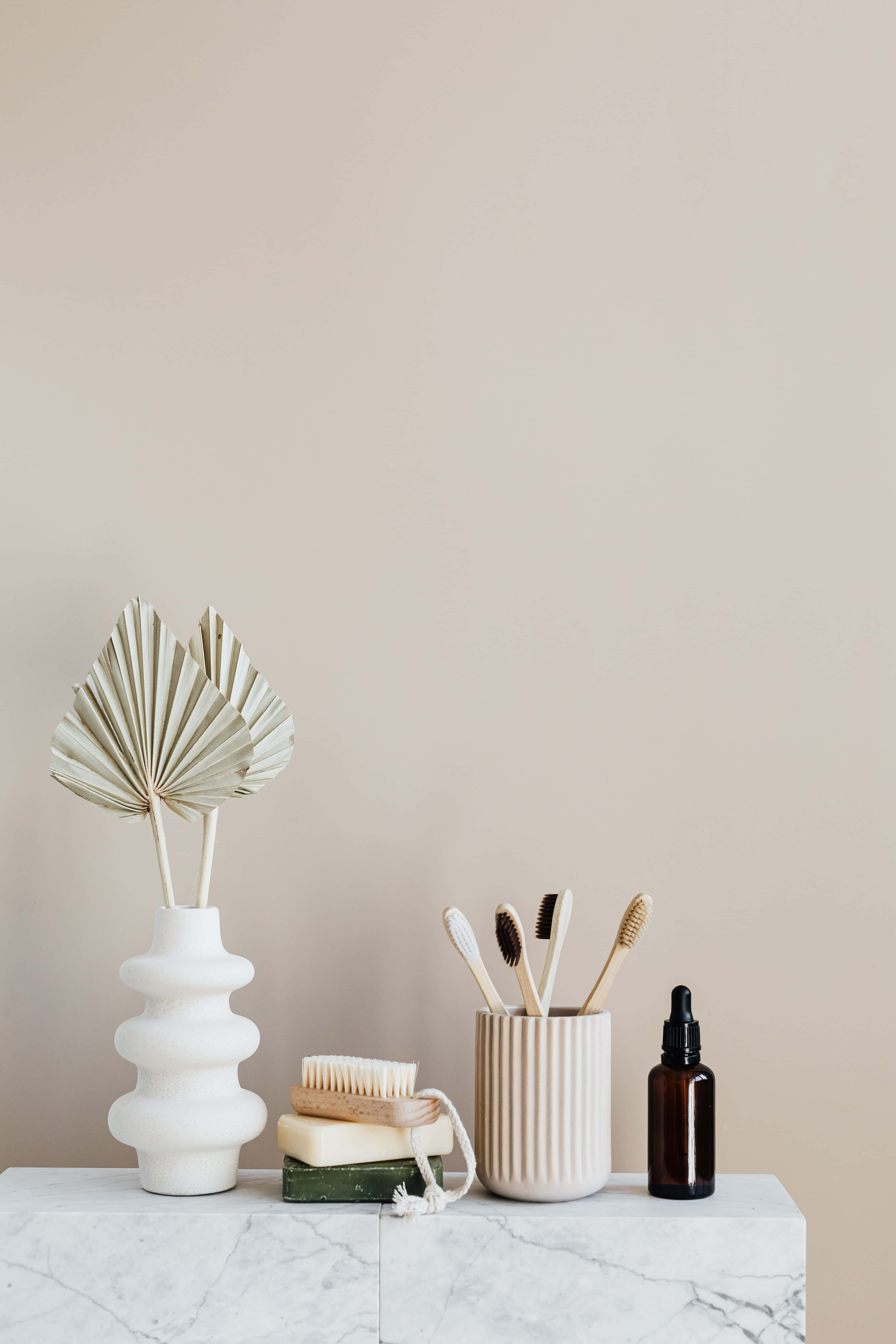 marble countertop, dried palm fronds, amber bottle, 5K Phone Wallpaper