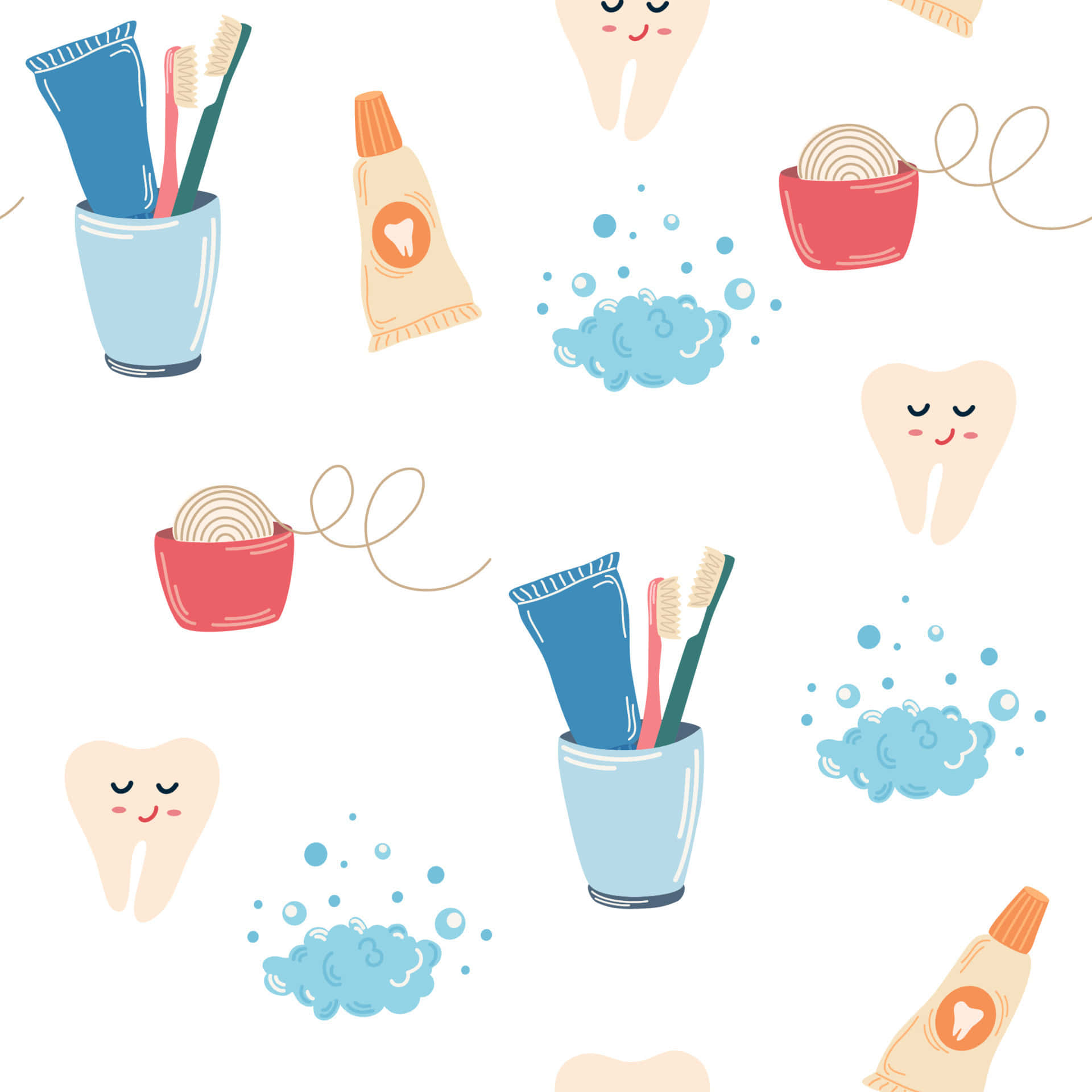 dental hygiene pattern, cartoon toothbrushes, toothpaste, Full HD Desktop Wallpaper