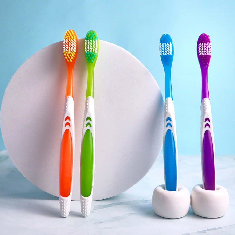 colorful toothbrushes, rainbow bristles, white holders, SD Desktop Wallpaper