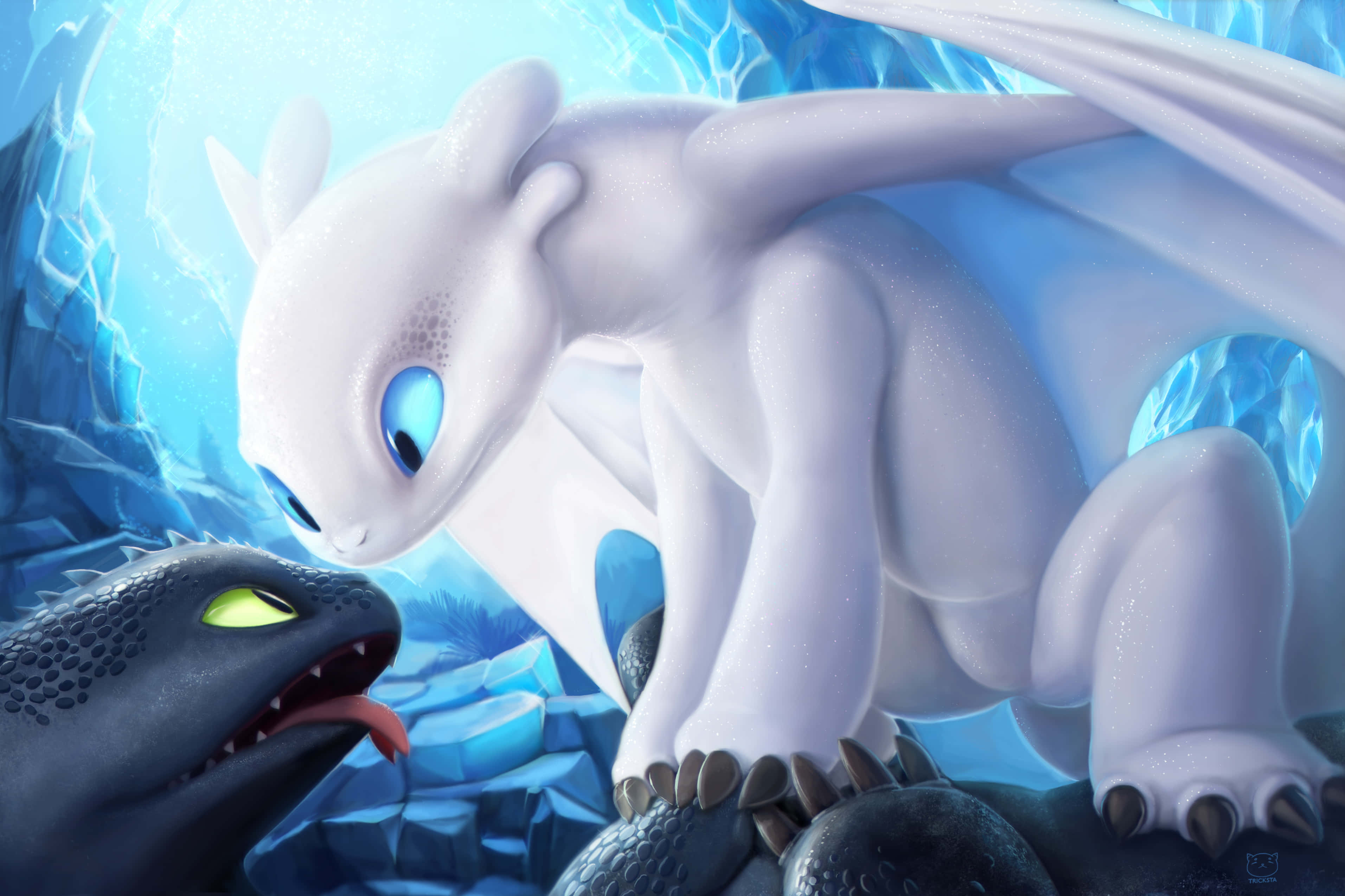 Toothless, Stitch, glowing icy cavern, 2K Desktop Wallpaper